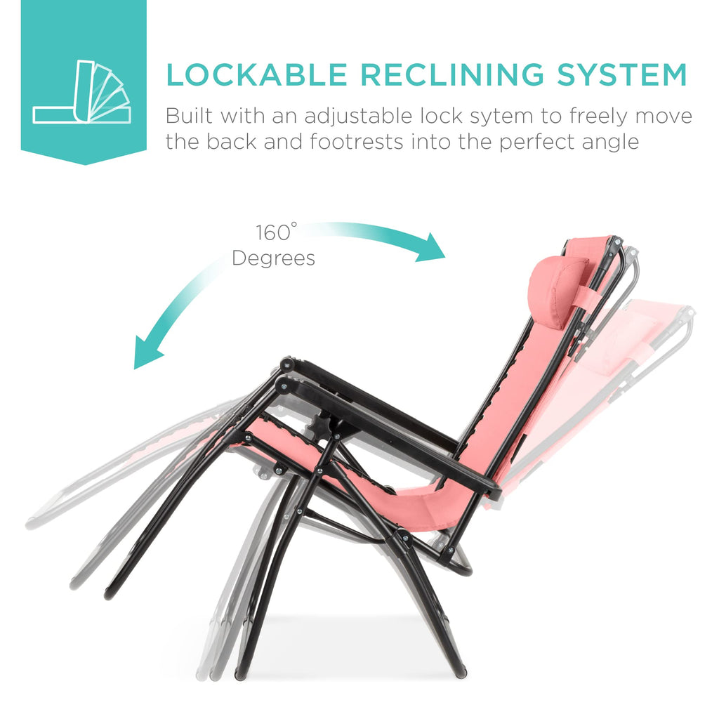Best Choice Products Folding Zero Gravity Outdoor Recliner Patio Lounge Chair W/Adjustable Canopy Shade, Headrest, Side Accessory Tray, Textilene Mesh - Pink