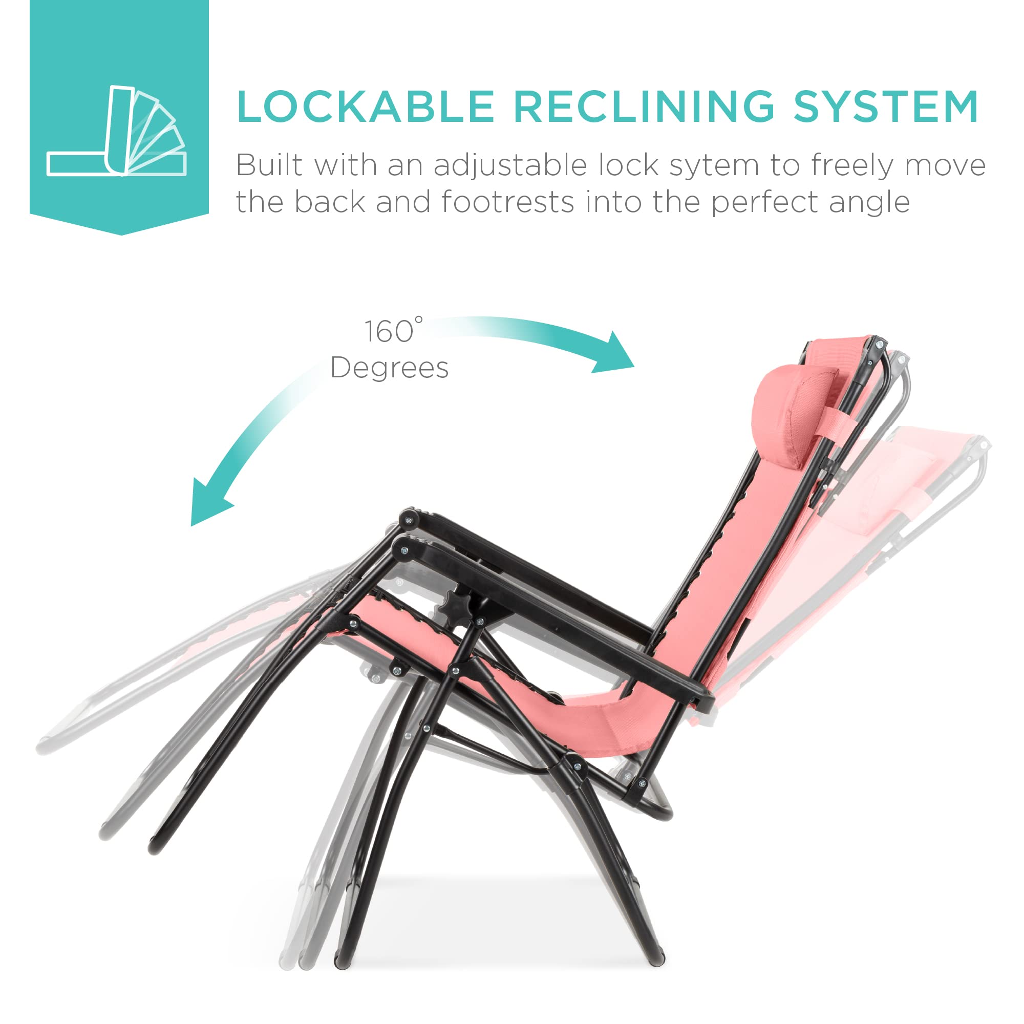 Best Choice Products Folding Zero Gravity Outdoor Recliner Patio Lounge Chair W/Adjustable Canopy Shade, Headrest, Side Accessory Tray, Textilene Mesh - Pink