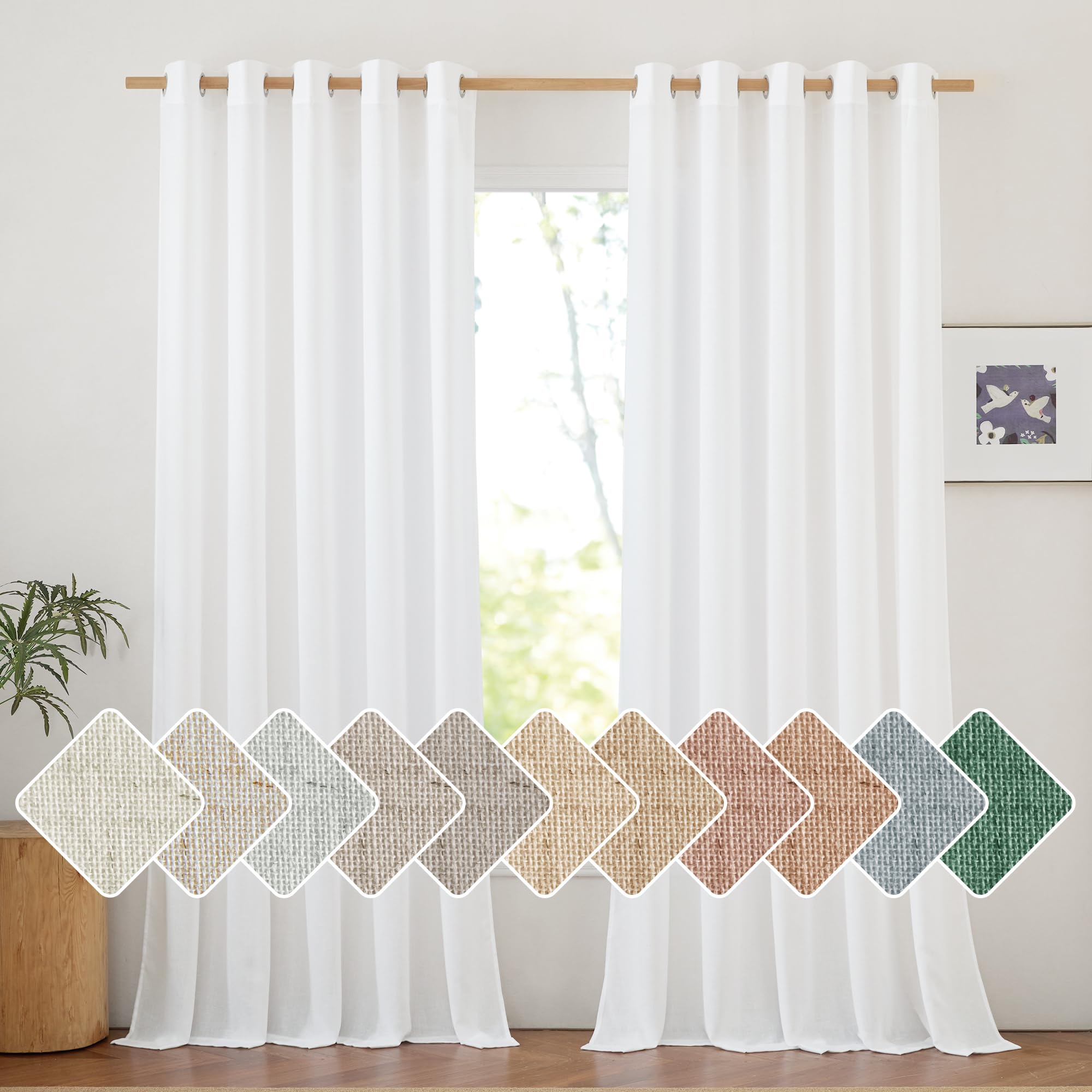 Nicetown White Linen Curtains 96 Inches Long, Grommet Thick Linen Flax Drapes Privacy Added With Light Filtering Room Divider Drapes For Bedroom/Sliding Door, W68 X L96, 2 Panels