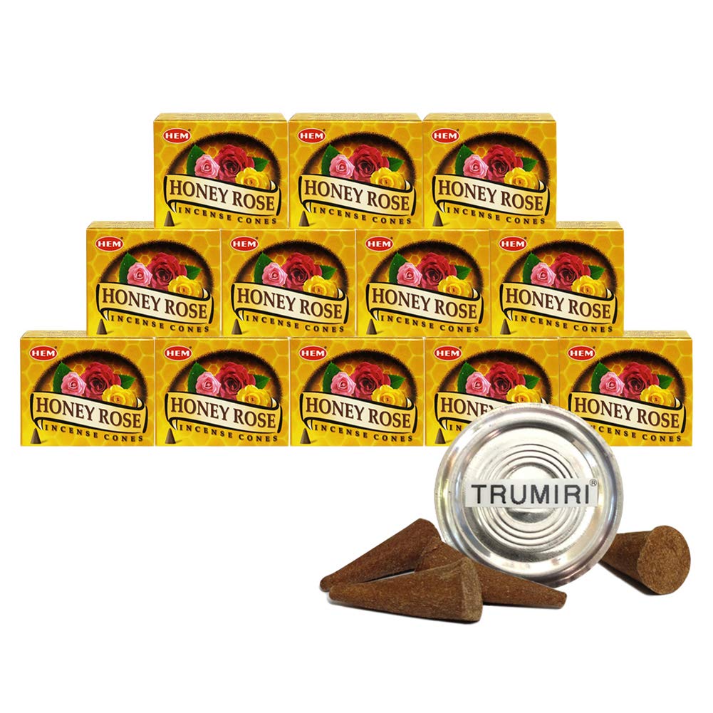TRUMIRI Incense Cone Holder Bundle with Hem Honey Rose Incense Cones - Pack of 12 (Approx 120 Cones)