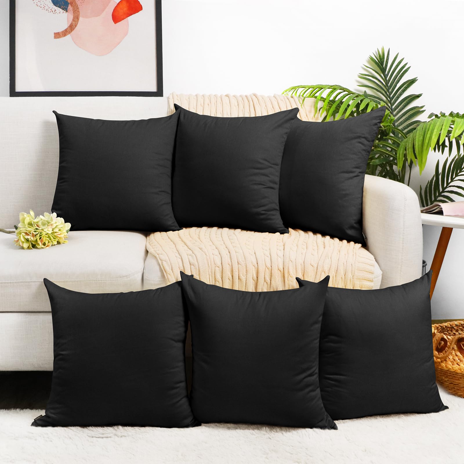 Coddsmz 6 Pack Decorative 100% Cotton Pillow Covers Square Cushion Cover Solid Diy Throw Pillowcase For Home Sofa Bedroom,Black,