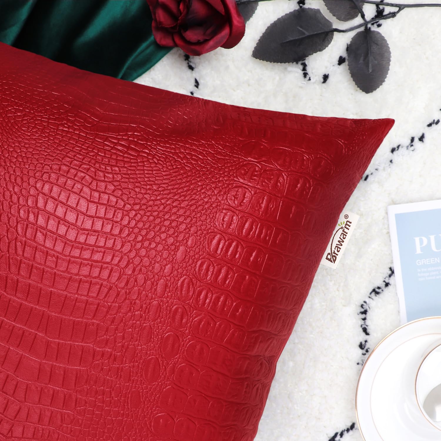 Brawarm Faux Leather Pillow Covers 12 X 20 Inches, Christmas Red Leather Pillow Covers Pack Of 2, Crocodile Leather Decorative L