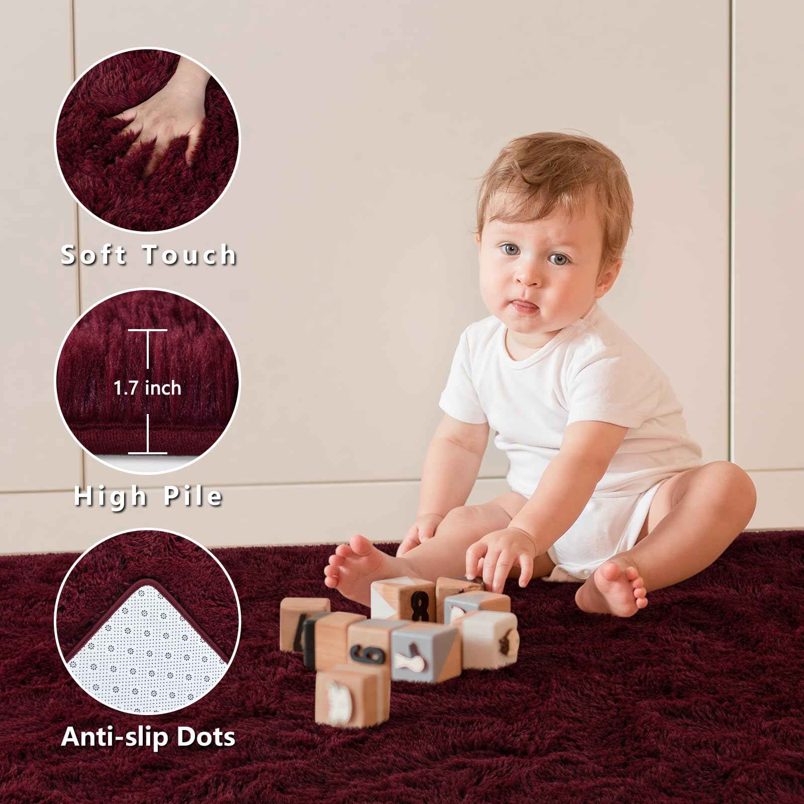 Larhom Burgundy Fluffy Area Rugs For Living Room Bedroom,8X10 Feet Ultra Soft Indoor Modern Plush Fuzzy Rug, Thickened Carpet Fo