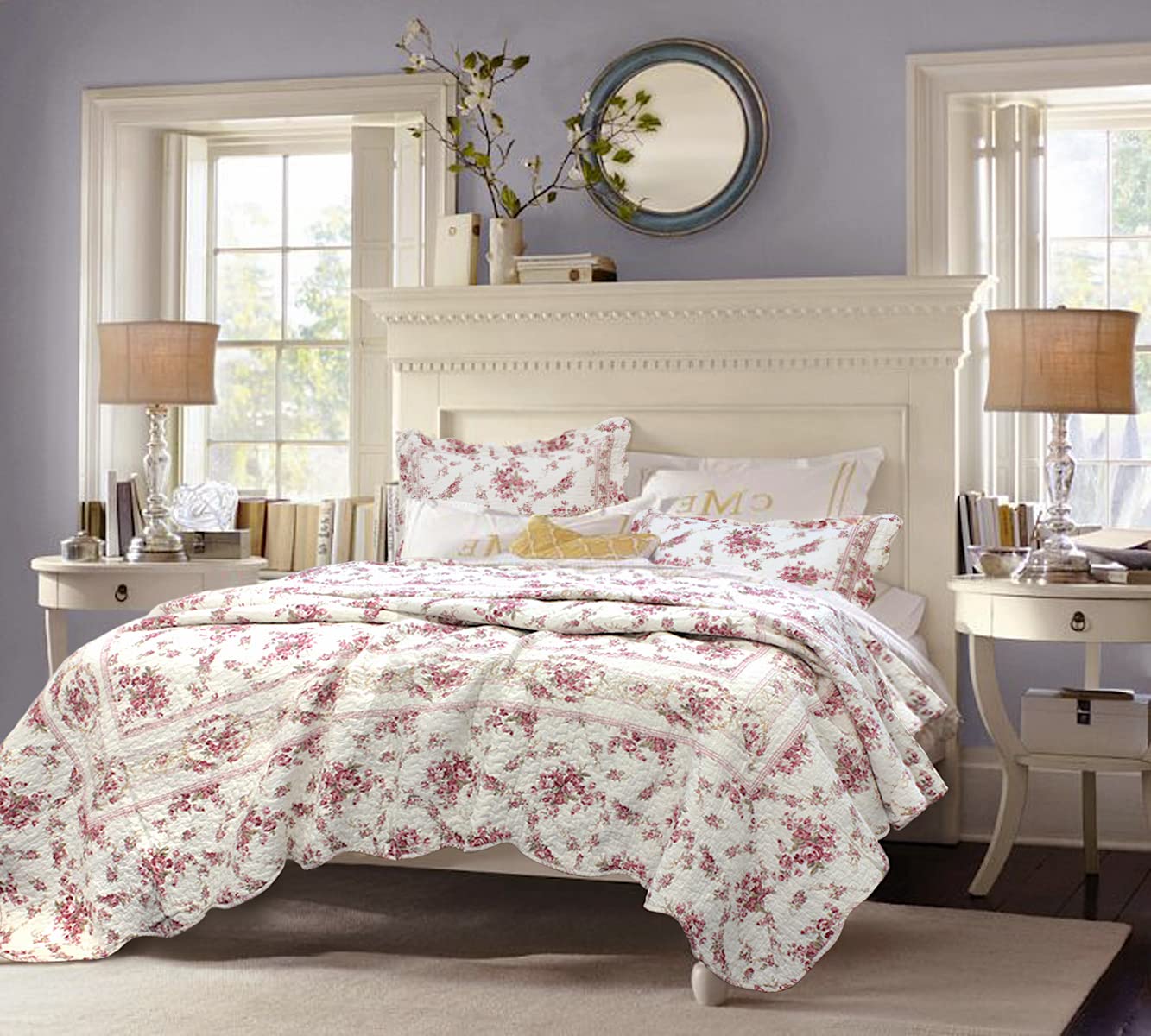 Cozy Line Home Fashions 100% Cotton Quilt Bedding Set, Pink Floral Reversible Coverlet Bedspread (Vintage Rose, King - 3 Piece)