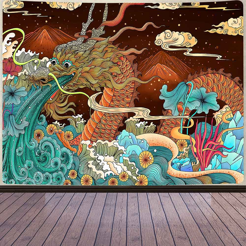 Aidatain Ukiyo-E Japanese Dragon Tapestry Big Ocean Waves Wall Hanging Underwater World Tapestries Flannel Large Size 80X60 Inch