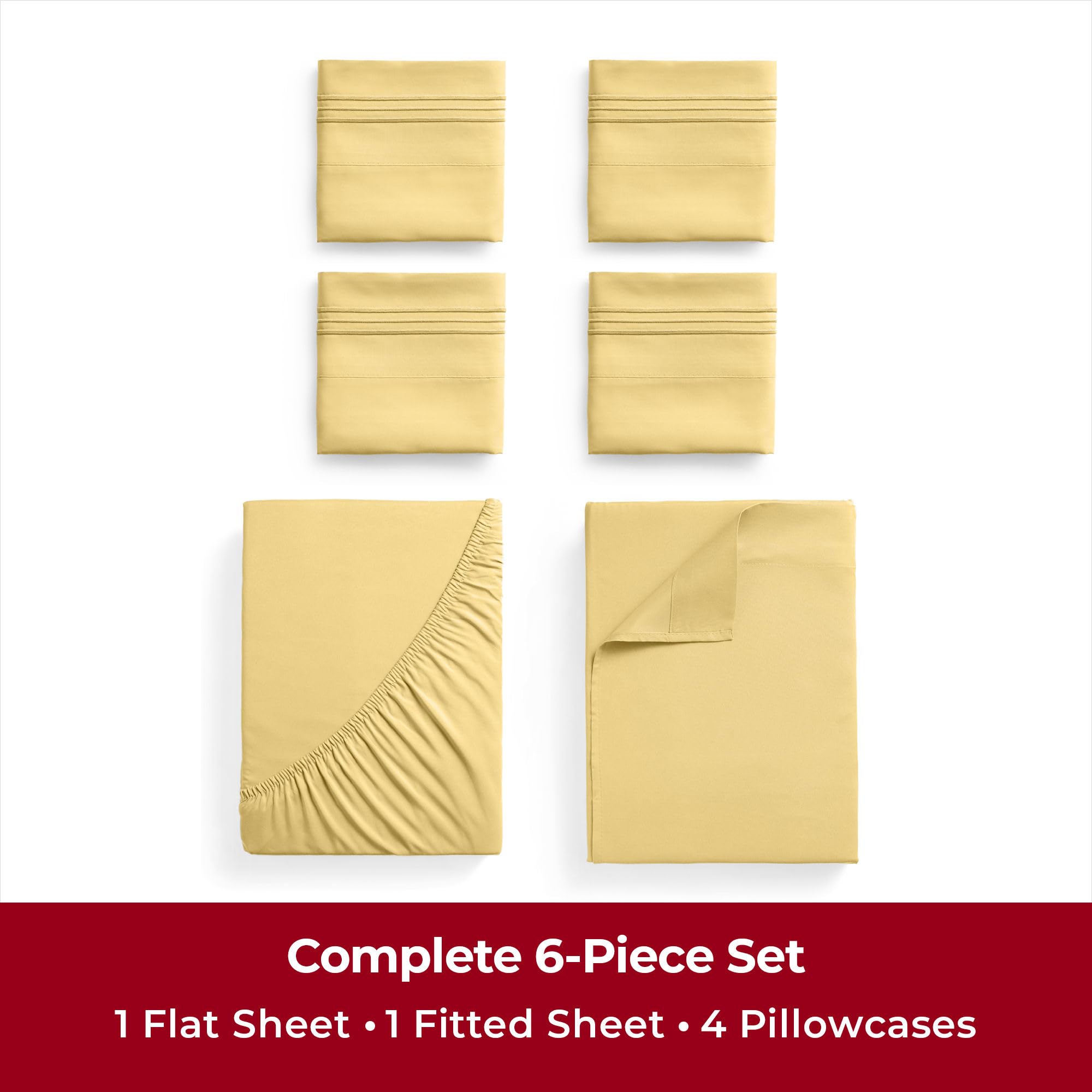 Mellanni Full Sheet Set - 6-Piece Iconic Collection Bedding, (Including 4 Pillowcases), 16-Inch Deep Pocket, Easy Care, Extra Soft, Cooling Sheets, Brushed Microfiber - Yellow