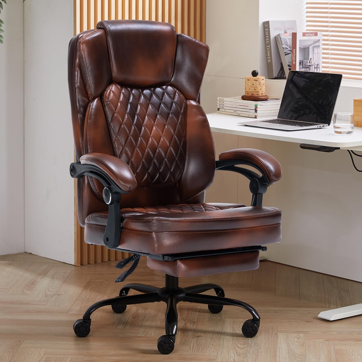 Ergonomic Office Chair With Foot Rest, Executive Chair With Footrest Pu Leather Computer Chair, Big And Tall Chair Reclining Des