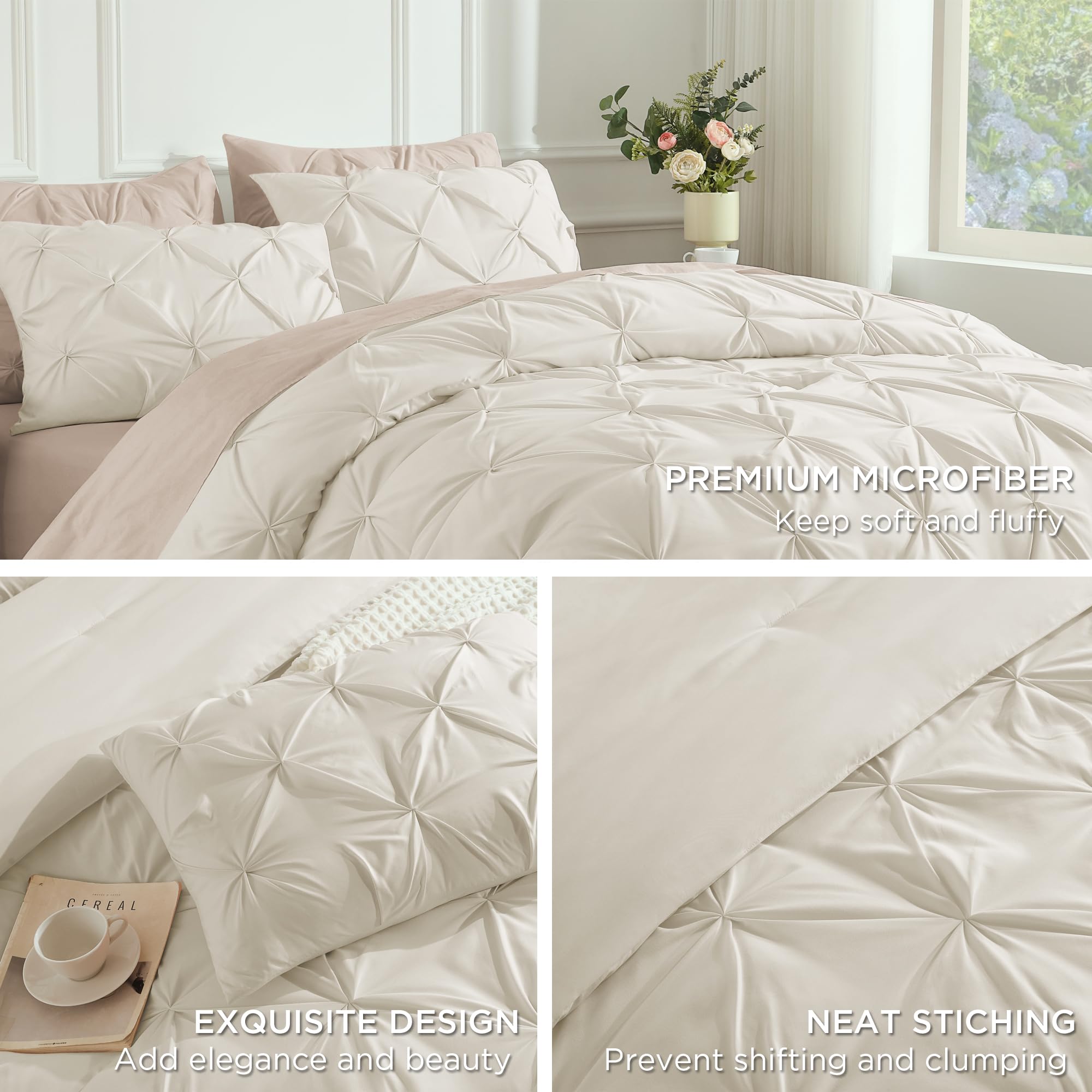 Andency Beige Comforters Queen Size, 3 Pieces Cream Bedding Set & Collections For Women Men, All Season Soft Fluffy Lightweight Pinch Pleat Bed Comforter Set (90X90Inch)