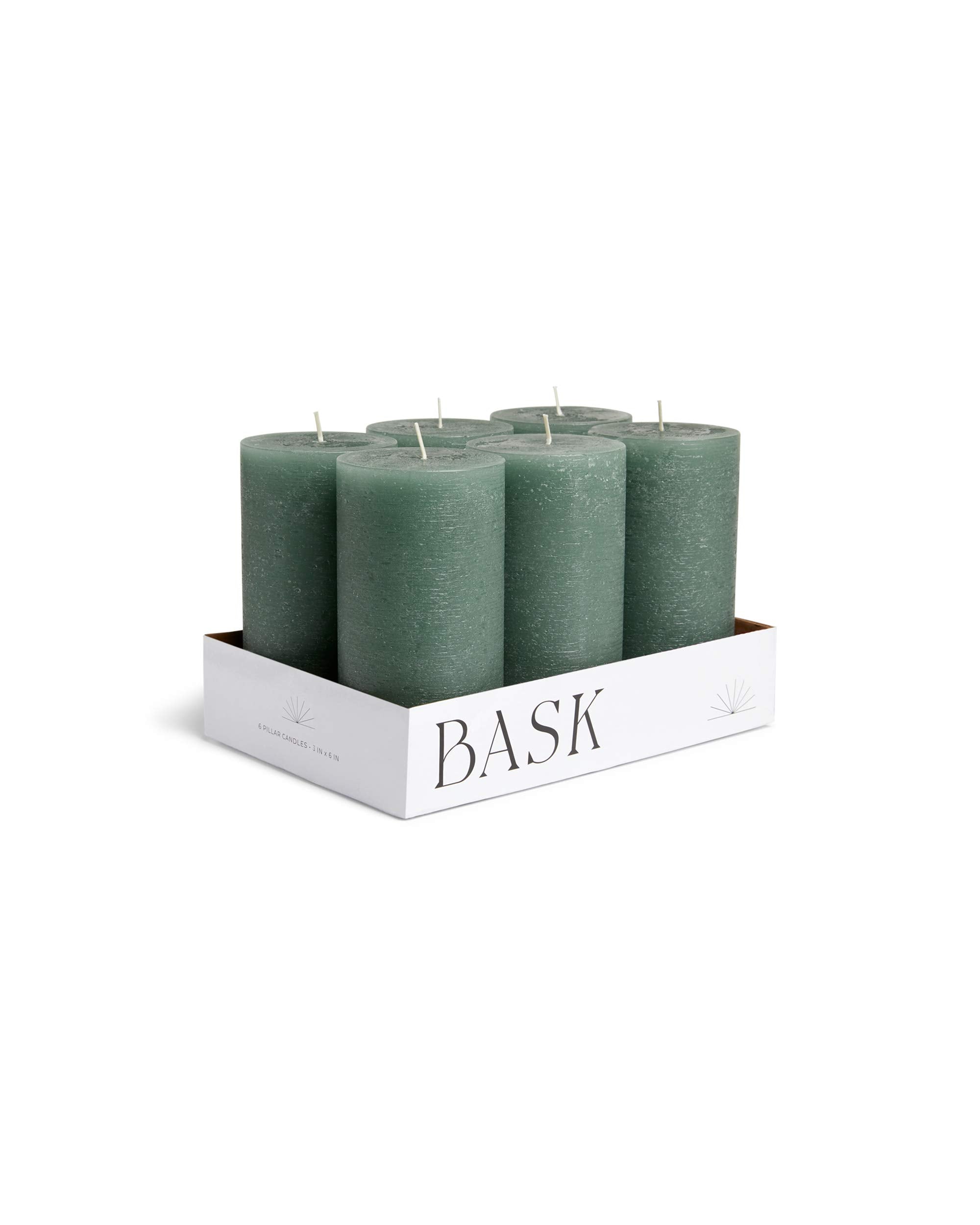 Mottled Pillar Candles by Bask - Set of 6-3 x 6 Dripless Unscented Candles in Dark Green for Home Decor, Relaxation & All Occasi
