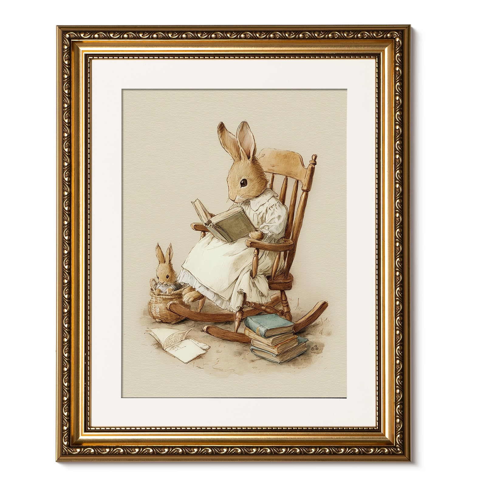 ARPEOTCY Vintage Gold Framed Wall Art, Easter Rabbit Reading Paintings, Canvas Prints Artwork with Antique Frame, Victorian Wall