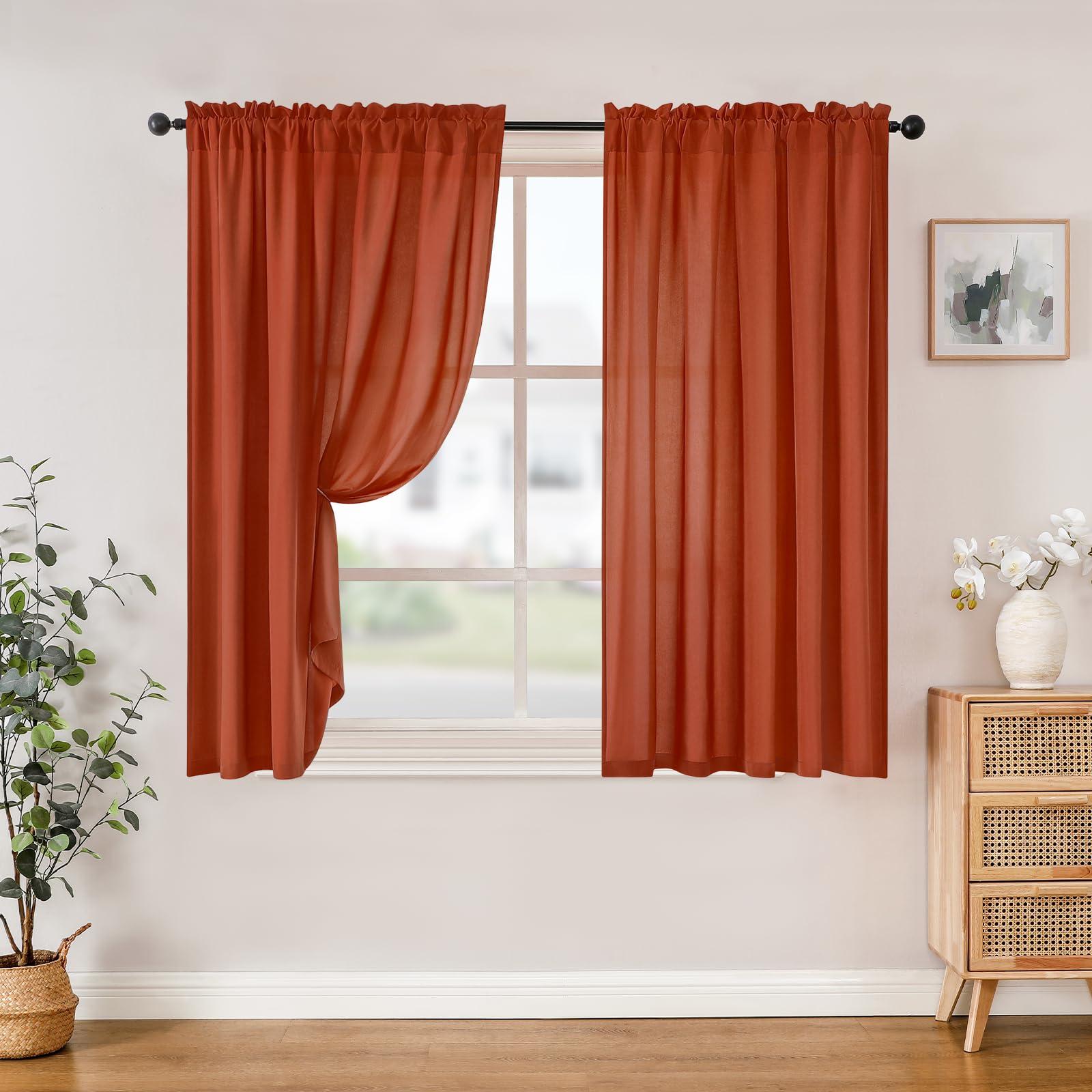 Homeideas Non-See-Through Burnt Orange Privacy Sheer Curtains 52 X 45 Inches Long 2 Panels Sheer Curtains Light Filtering Window Curtains Drapes For Bedroom Living Room