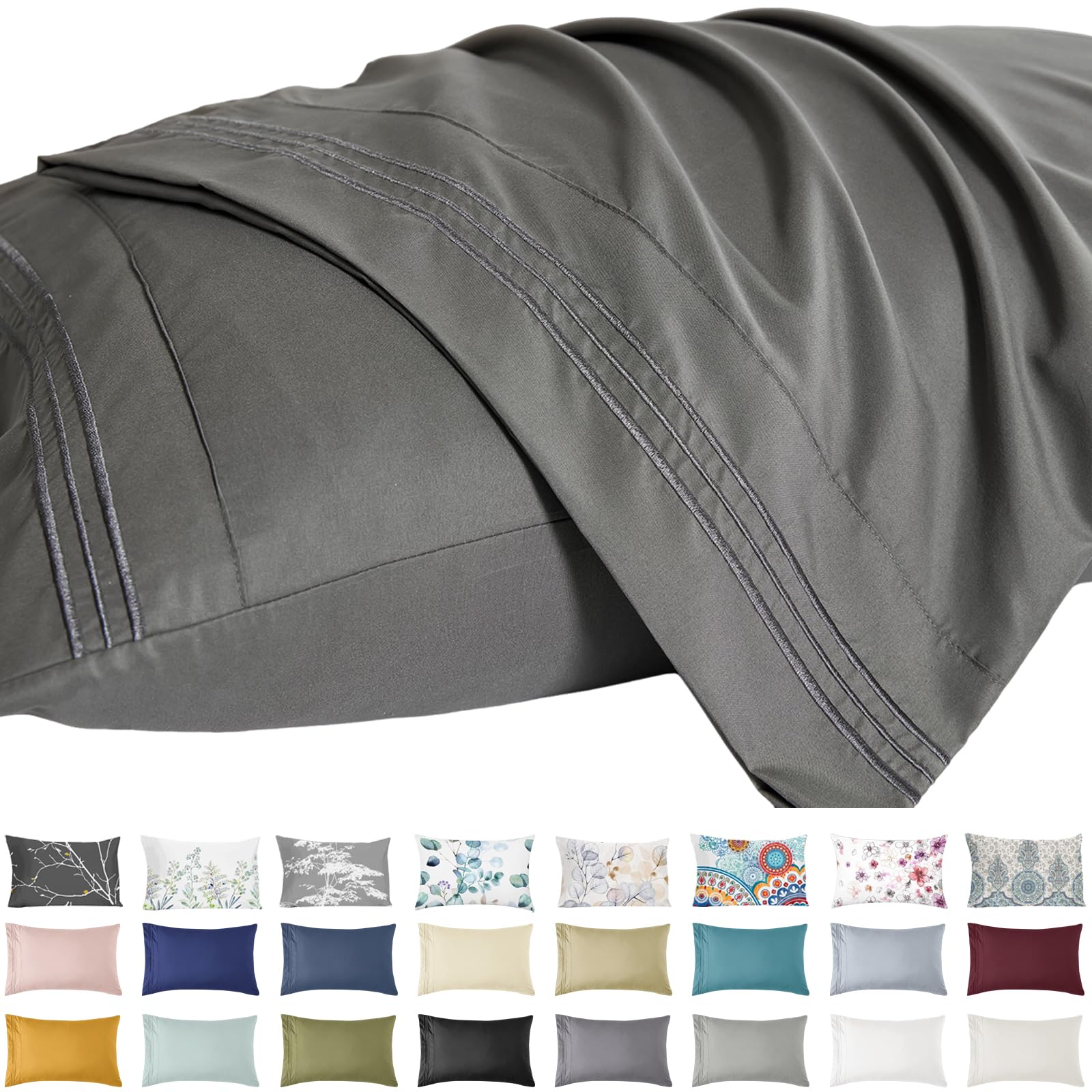 YIYEA 2 Pack - Queen Size Microfiber Pillowcases, 20'' x 30'', Dark Grey, Super Soft, Hypoallergenic, Breathable, Elegant Design