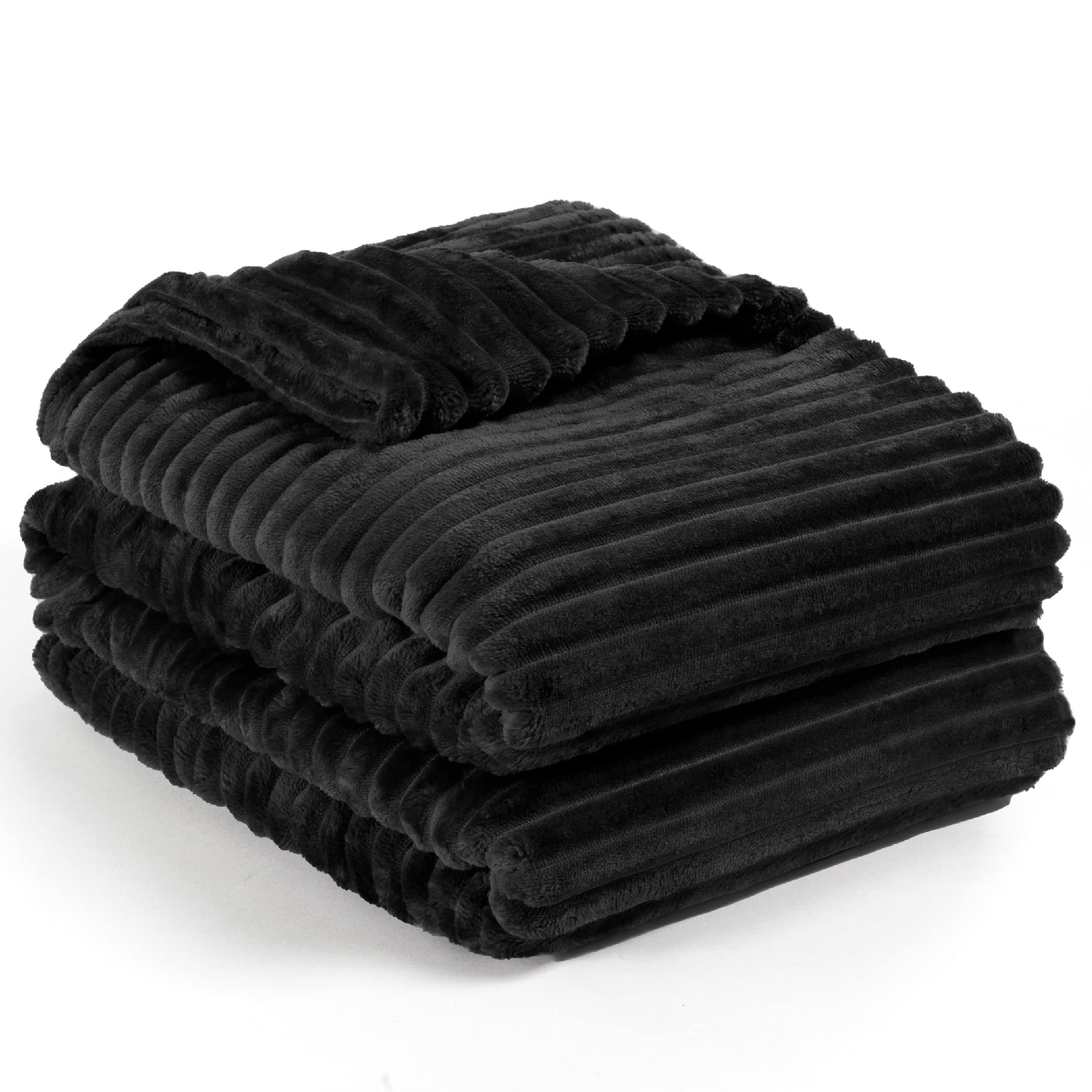 Pavilia Soft Fleece Queen Bed Blanket Black, Large Fuzzy Plush Flannel Blanket, Warm Cozy Ribbed Microfiber Blanket For Sofa Cou