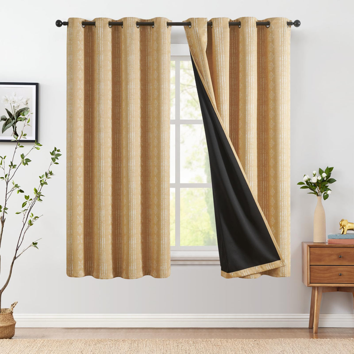 Jinchan 100% Blackout Boho Curtains 63 Inch Length For Bedroom Mustard Yellow Geometric Printed Grommet Top Room Darkening Therm