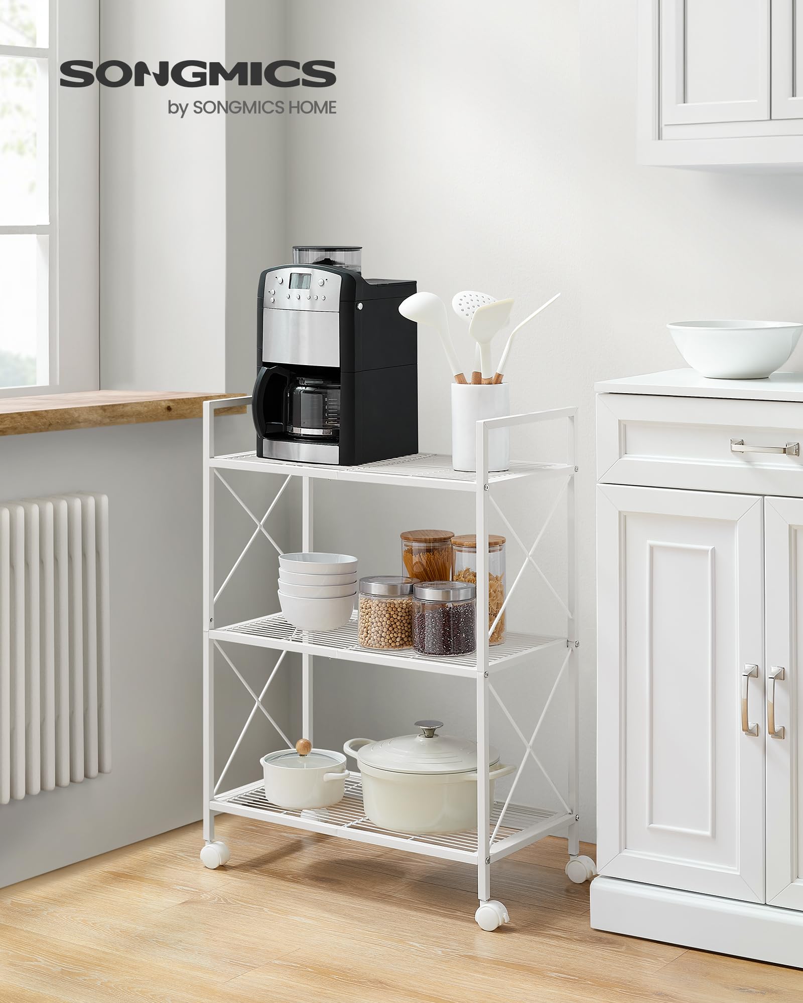 Songmics 3-Tier Metal Storage Rack With Wheels, Mesh Shelving Unit With X Side Frames, 23.6-Inch Width, For Entryway, Kitchen, Living Room, Bathroom, Industrial Style, White Ubsc163W01