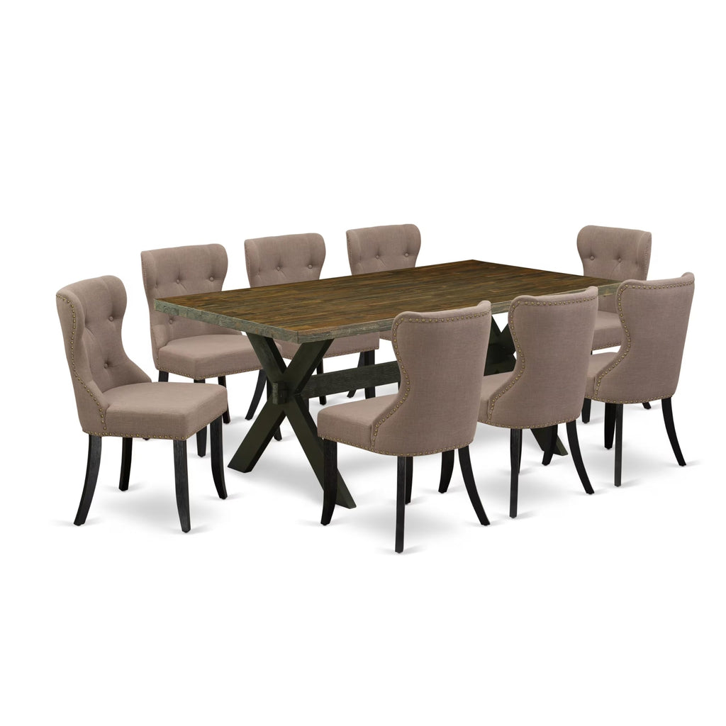East West Furniture X677Si648-9 9 Piece Kitchen Table Set Includes A Rectangle Dining Table With X-Legs And 8 Coffee Linen Fabric Parson Dining Chairs, 40X72 Inch, Multi-Color