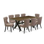 East West Furniture X677Si648-9 9 Piece Kitchen Table Set Includes A Rectangle Dining Table With X-Legs And 8 Coffee Linen Fabric Parson Dining Chairs, 40X72 Inch, Multi-Color