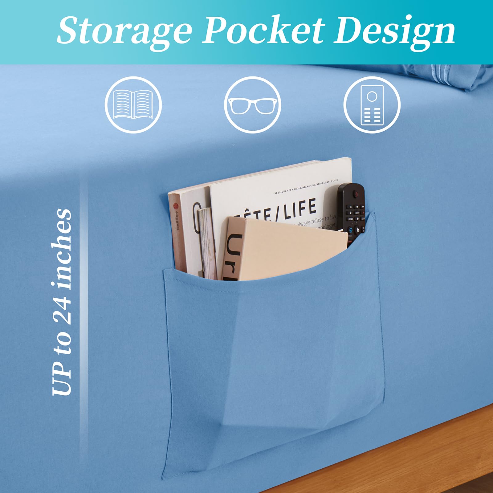 Horbaunal Extra Deep Pocket Queen Fitted Sheet Only - Fits Up To 24 Inch Mattress - Luxury 1800 Thread Count - Microfiber Blue F