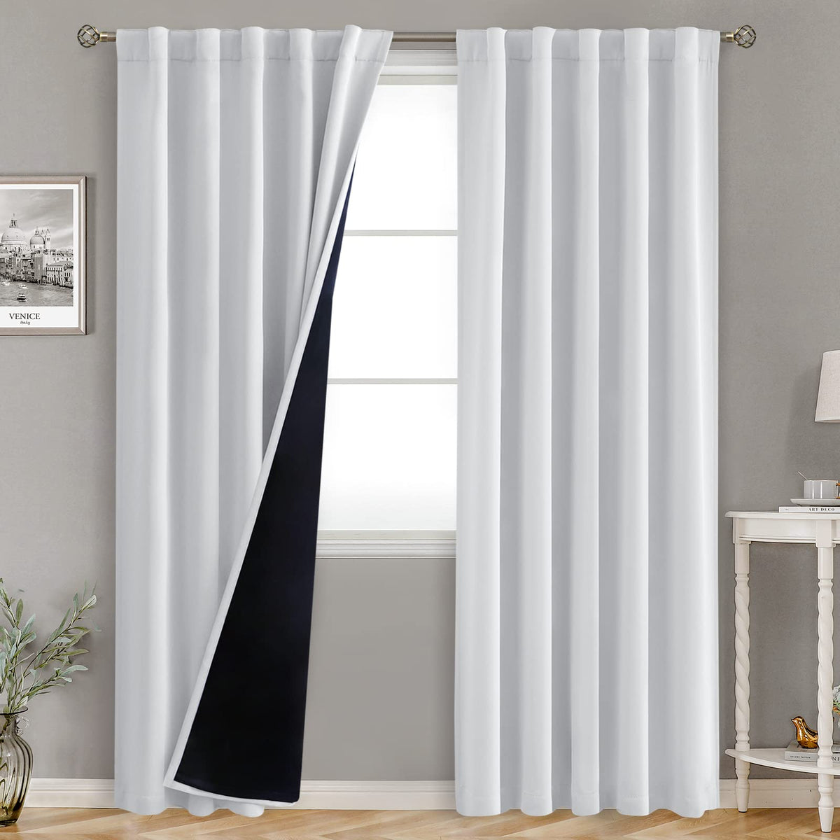 Bgment Greyish White 100% Blackout Curtains 84 Inches Long With Noise-Reducing Liner, Rod Pocket And Back Tab Double Layer Room
