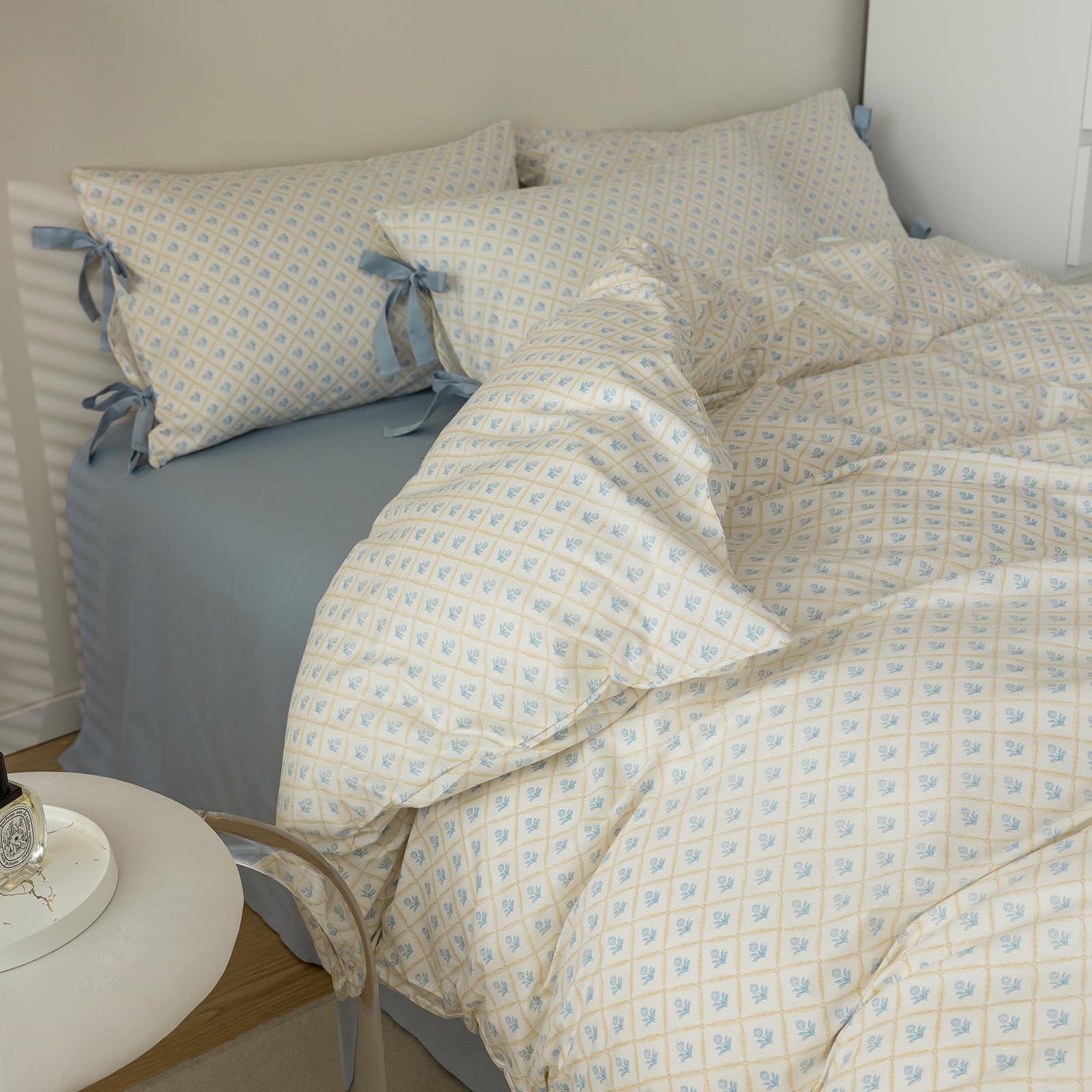 Blue Floral Duvet Cover King Soft Cotton Garden Style Floral Bedding Comforter Cover Plaid Grid Design Vintage Blue Flower Duvet