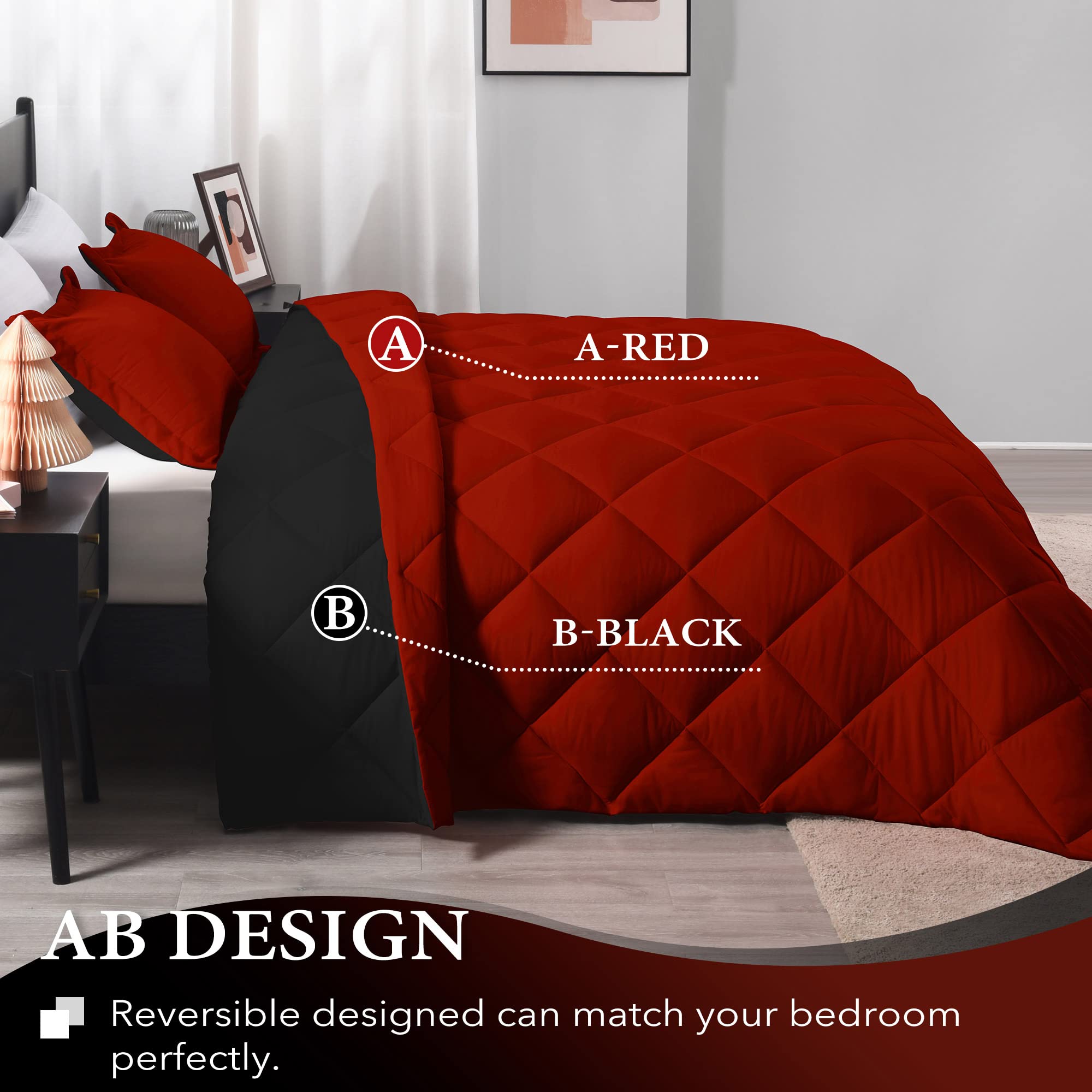 Downluxe California King Comforter Set - Red And Black Cal King Comforter Set, Soft Bedding Sets For All Seasons - 3 Pieces - 1 Comforter (104'X96') And 2 Pillow Shams(20'X36')