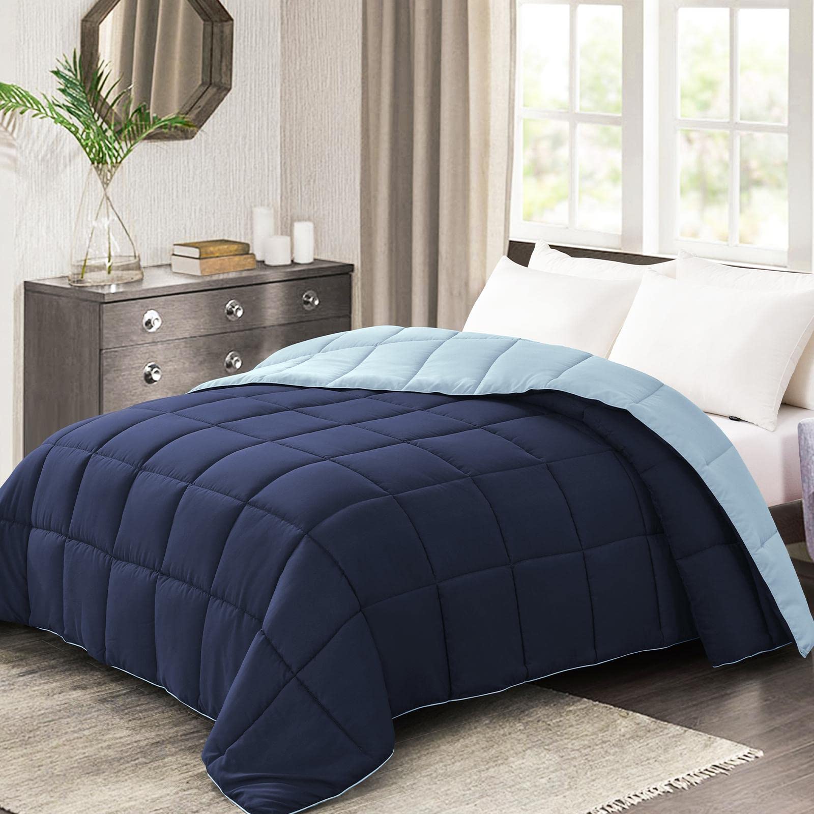 Homelike Moment King Lightweight Comforter Navy - All Season Down Alternative Bed Comforter Summer Duvet Insert Quilted Reversib
