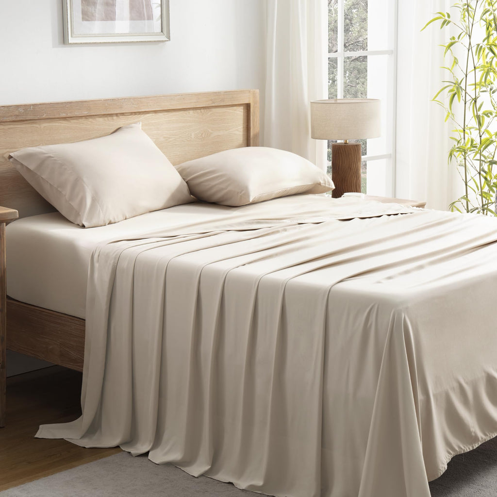 Andency Full Size Bed Sheets, 100% Viscose Derived From Bamboo, Beige Cooling Full Sheets, Deep Pocket Up To 16', Silky Soft Bed Sheets, Hotel Breathable Bedding Sheets & Pillowcases, Oatmeal