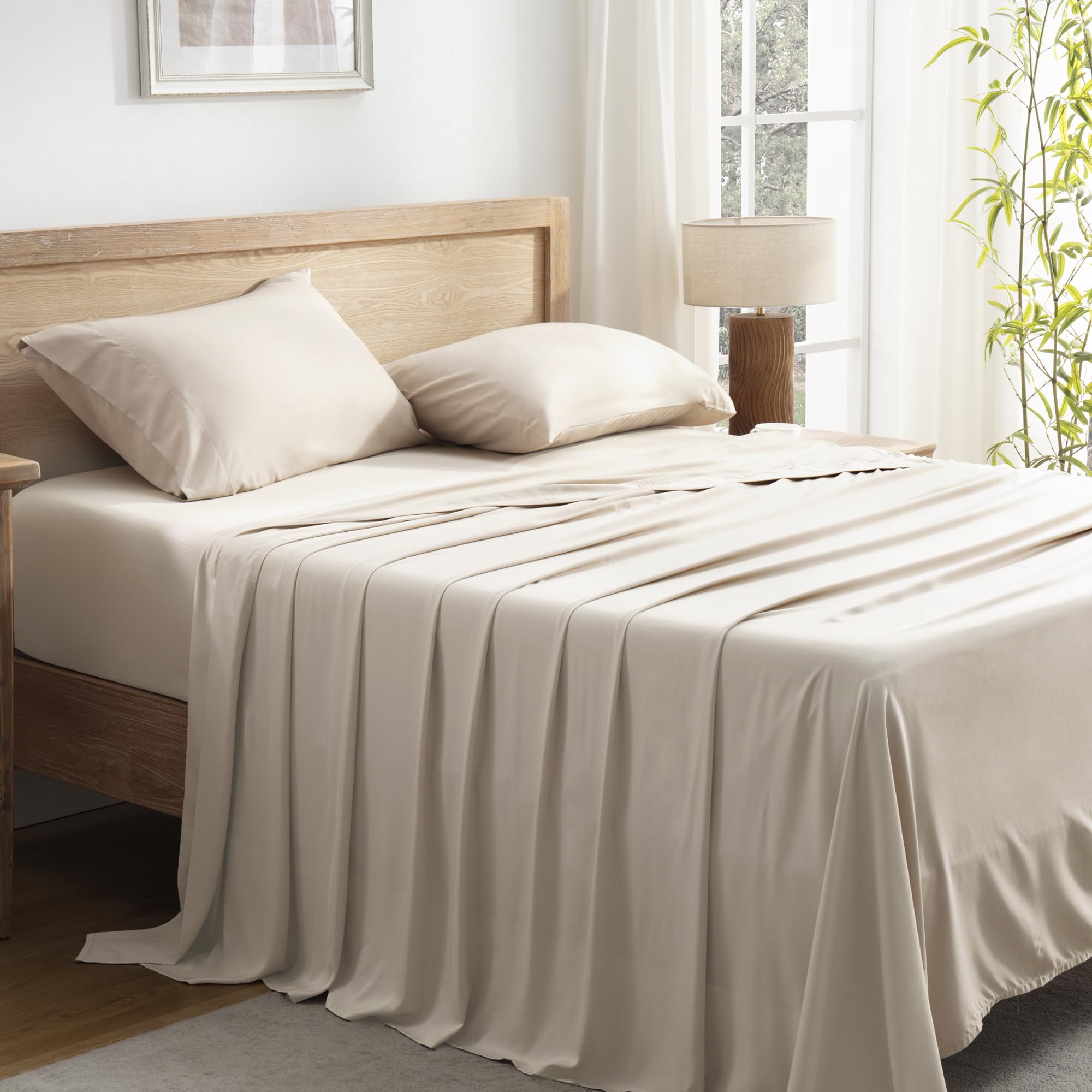 Andency Full Size Bed Sheets, 100% Viscose Derived From Bamboo, Beige Cooling Full Sheets, Deep Pocket Up To 16', Silky Soft Bed Sheets, Hotel Breathable Bedding Sheets & Pillowcases, Oatmeal