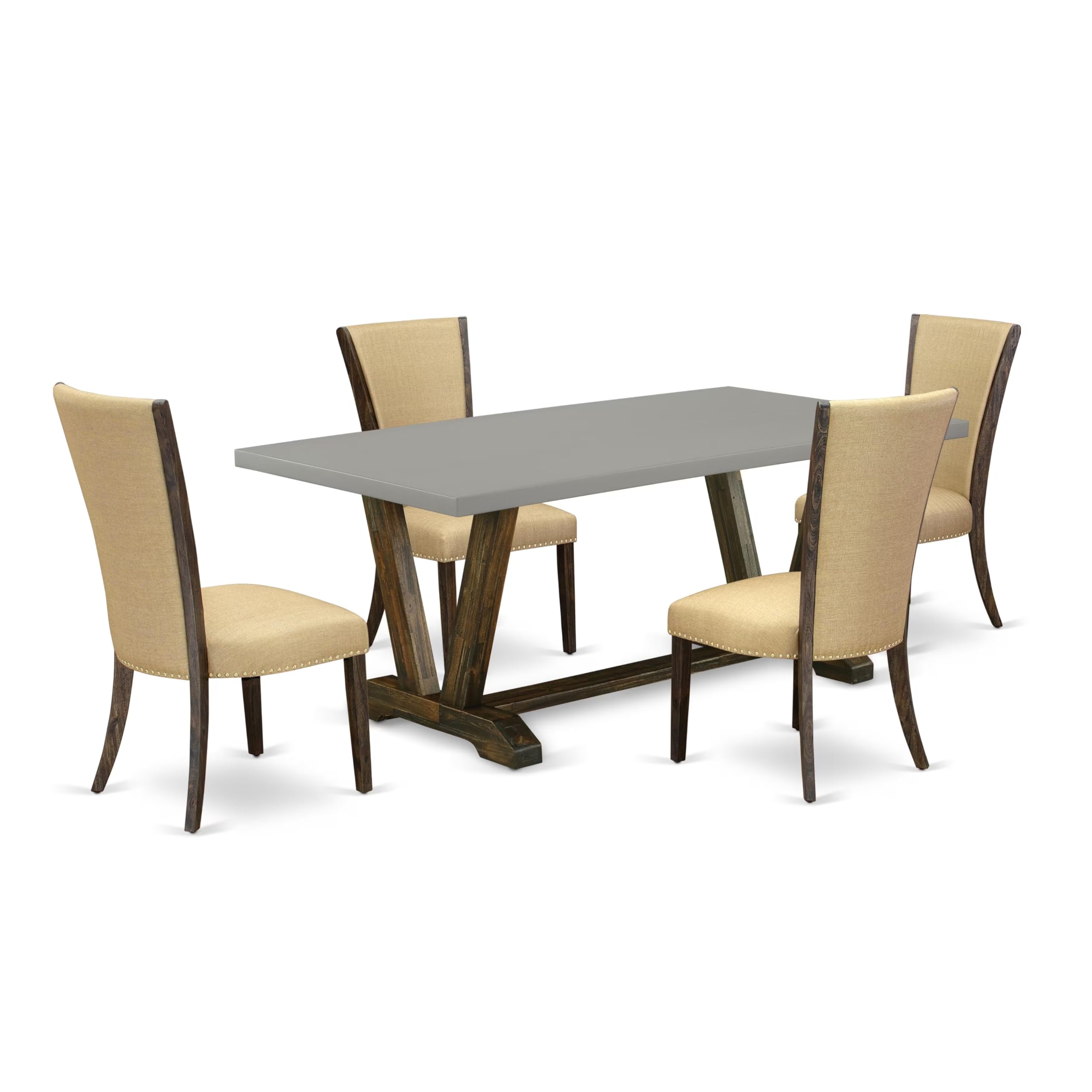 East West Furniture V797Ve703-5 5 Piece Dining Room Table Set Includes A Rectangle Dining Table With V-Legs And 4 Brown Linen Fabric Upholstered Parson Chairs, 40X72 Inch, Multi-Color