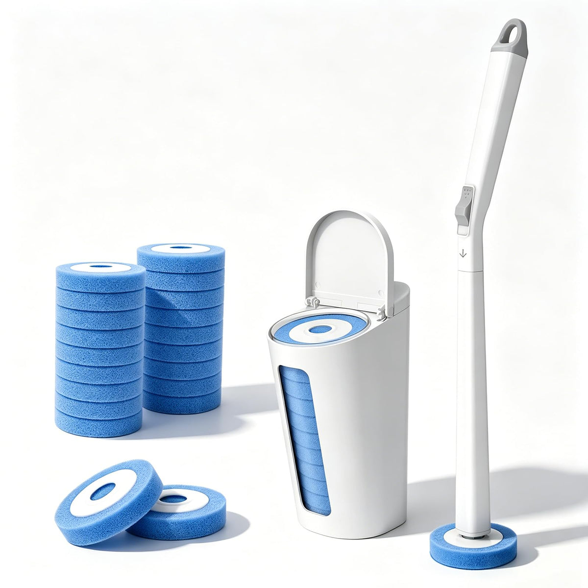 Disposable Toilet Brush Set with Automatic Lid 20 Replacement Heads, White
