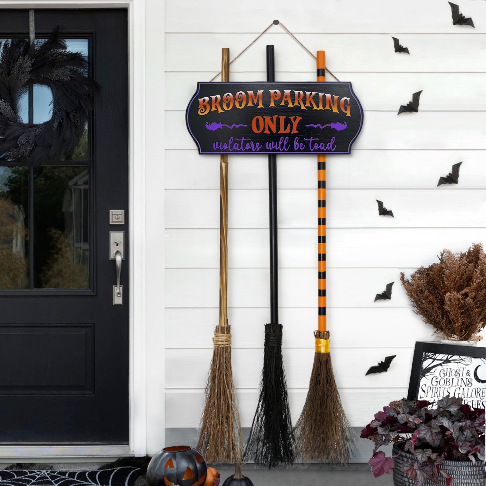 ORIENTAL CHERRY Halloween Decorations - Halloween Decor - Broom Parking Sign with 3 Wooden Witches Brooms - Hocus Pocus Cute Dec