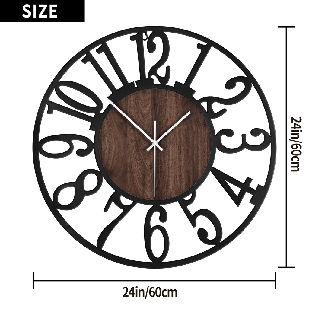 1St Owned Large Wall Clock For Living Room Decor- Decorative Antique 24 Inch Silent Non Ticking,Battery Operated,Black Metal,Woo