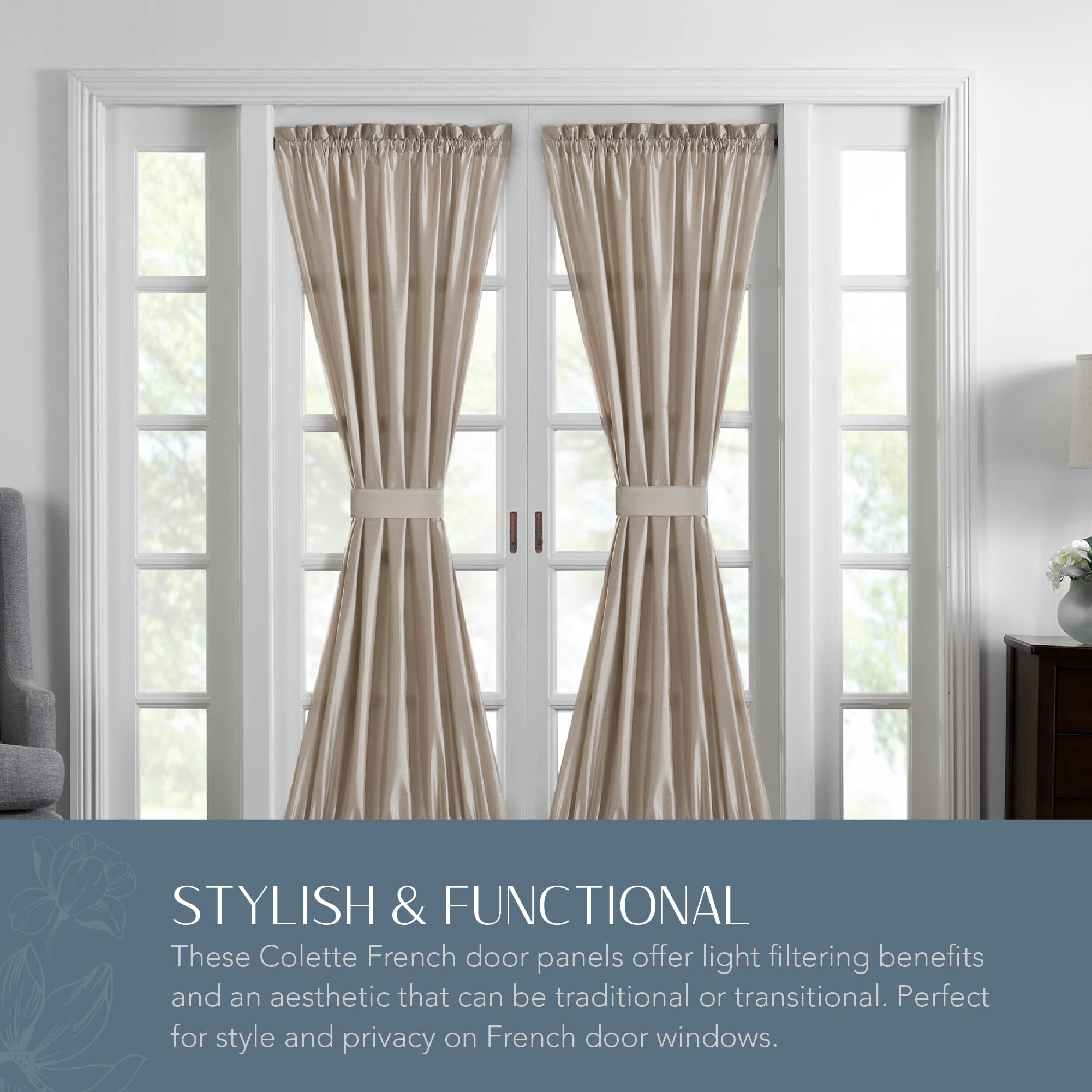 Elrene Home Fashions Colette Faux-Silk French Door Window Panel, 54 In X 72 In (1 French Door Panel), Taupe