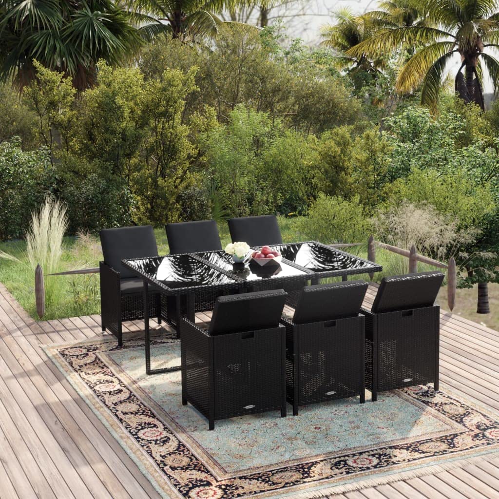 vidaXL Patio Dining Set 7 Piece with Cushions Garden Outdoor Terrace Balcony Backyard Table and Chair Seat Seating Furniture Poly Rattan Black