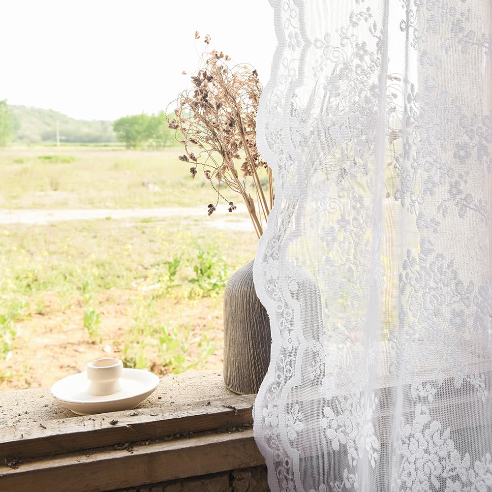 Yj Yanjun White Sheer Curtains 54 Inch Length 2 Panels Set Retro Rustic Cottage Core Floral Lace Panels For Small Window Bathroo