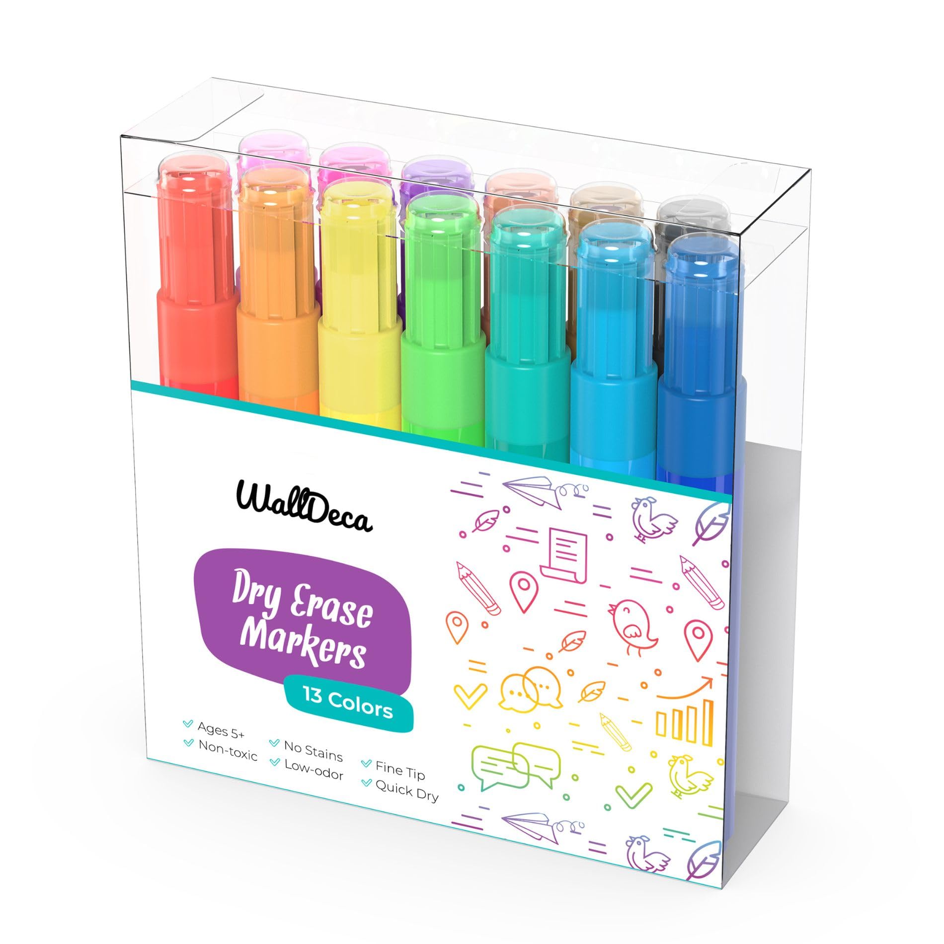 Walldeca Dry Erase Toddler Markers, 13 Colorful Dry Erase Markers, Non-Toxic Dry Erase Markers For Kids 5+, Mess Free, Easy Clea