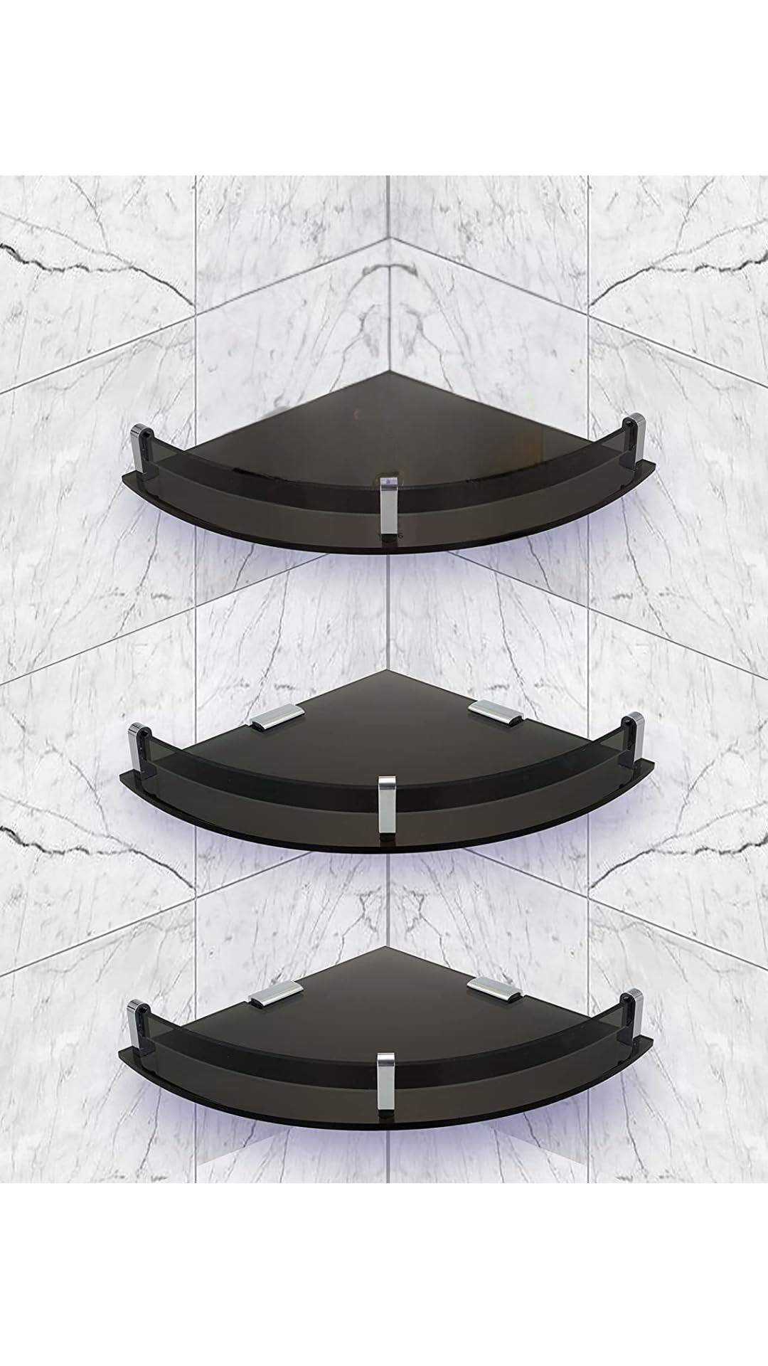 QUISTAL 12x12 Inch Acrylic Wall Mount Multipurpose Modern Corner Shelf for Bathroom, Kitchen, Bedroom (Pack of 3, Black)