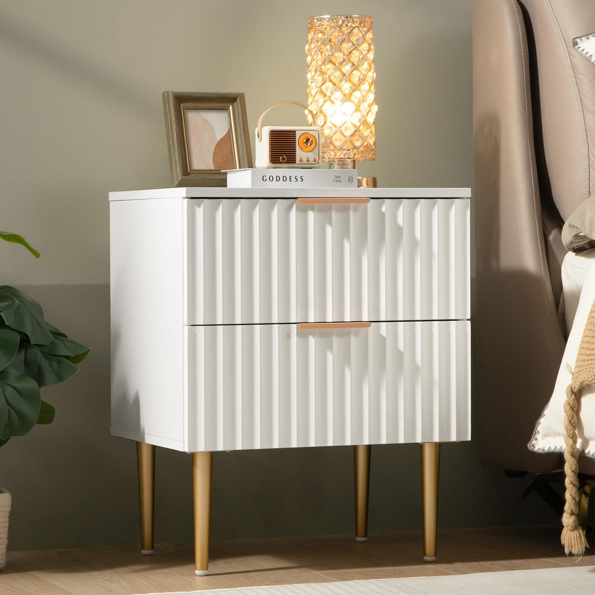 Sicotas White Night Stand, Fluted Glossy Nightstand With 2 Drawers, Wide Modern Storage Bedside Table For Bedroom, End Side Table With Golden Metal Legs And Handles (White, 1 Piece)