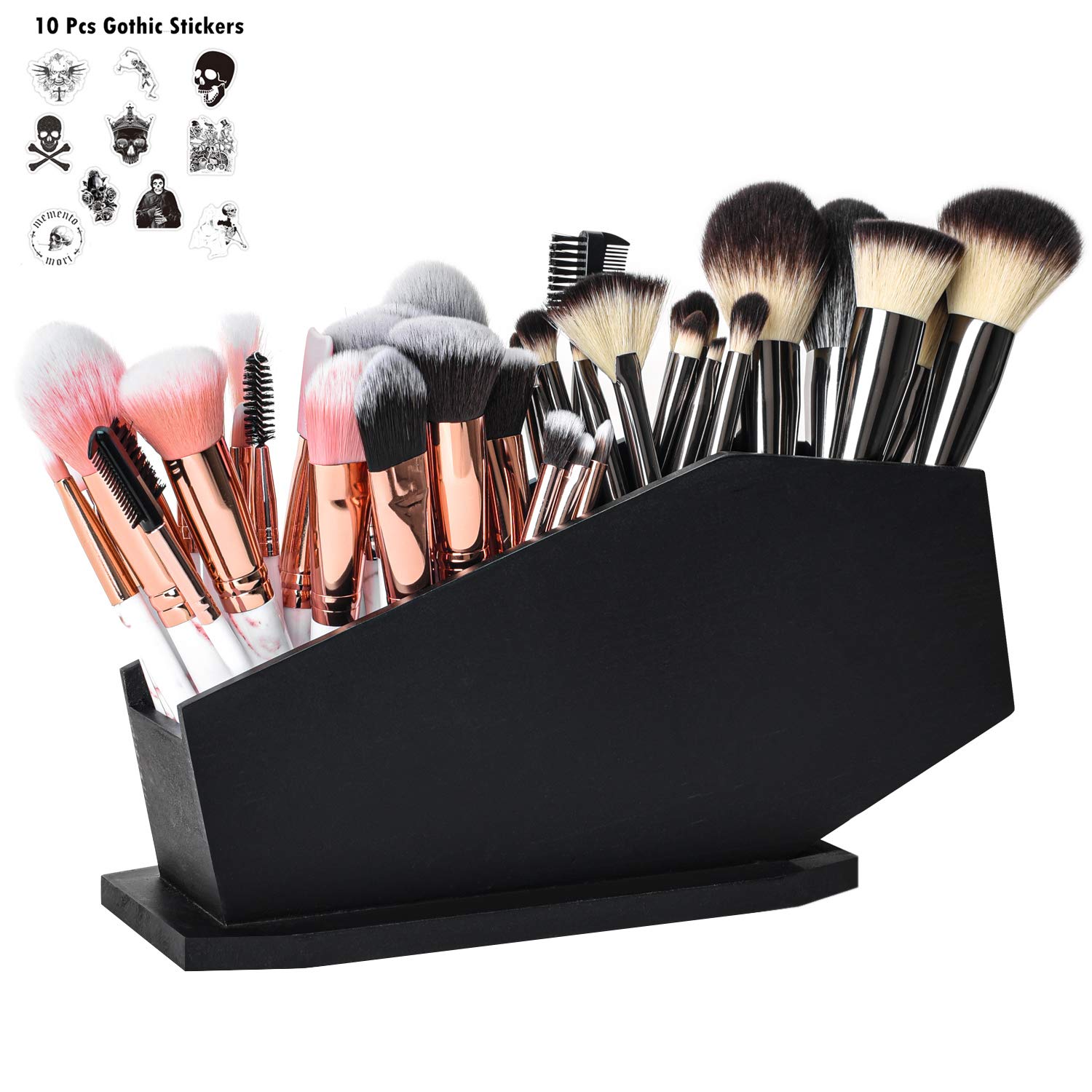 Gothvanity Coffin Brush Holder - Gothic Desk Organizer - Wooden Coffin Pen Holder -Spooky Decor for Bathroom, Living Room or Bed