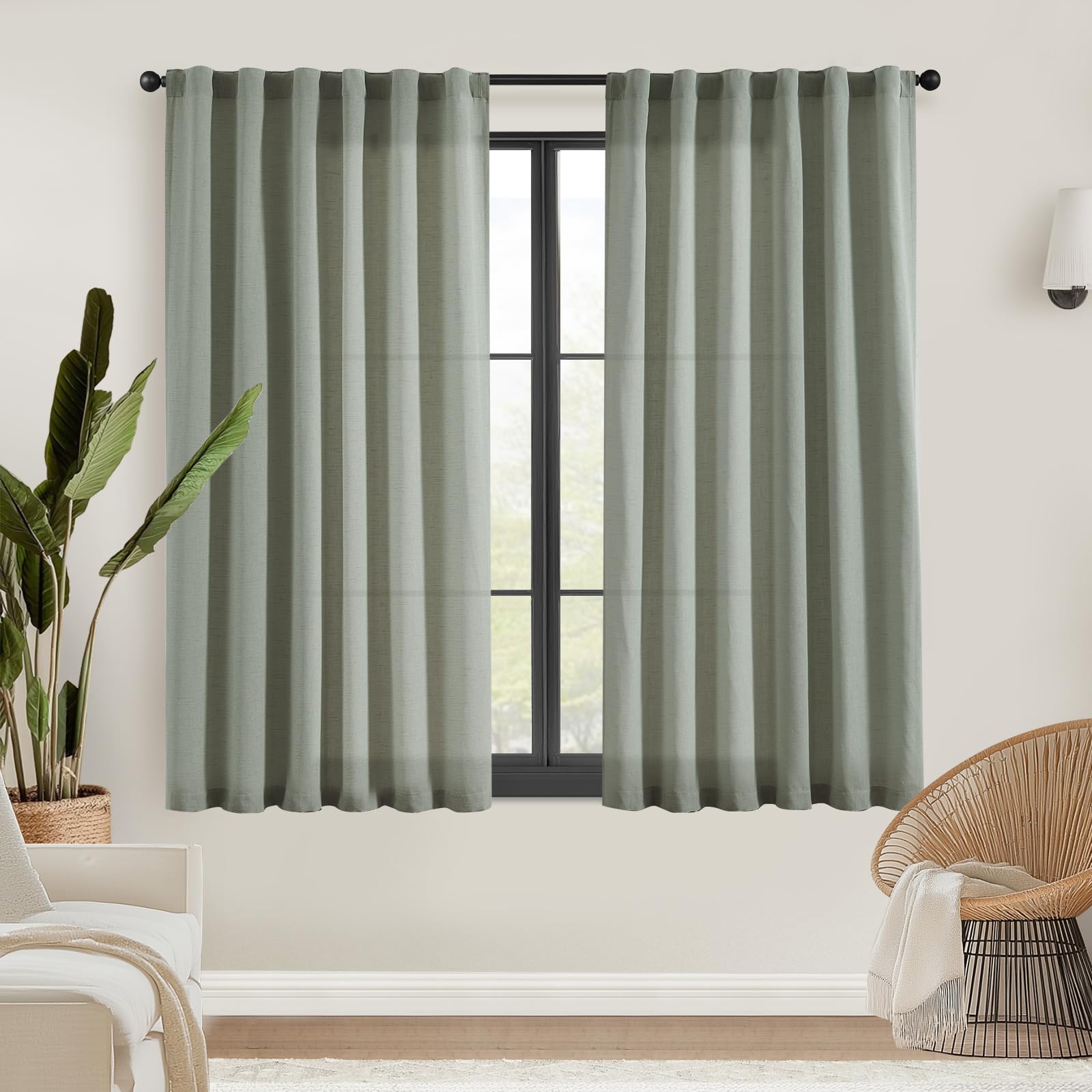 Jinchan Linen Blend Curtains 63 Inches Length For Living Room Farmhouse Rod Pocket Back Tab Light Filtering Window Drapes For Bedroom Curtains Green 2 Panels