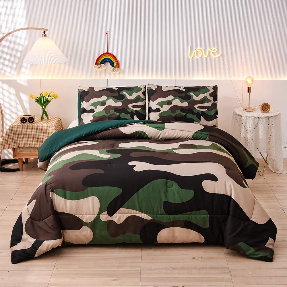 Meeting Story Army Green Camouflage Bedding Set, Camouflage Comforter Set, 3 PCS One Comforter and Two Pillowcases, All Season S