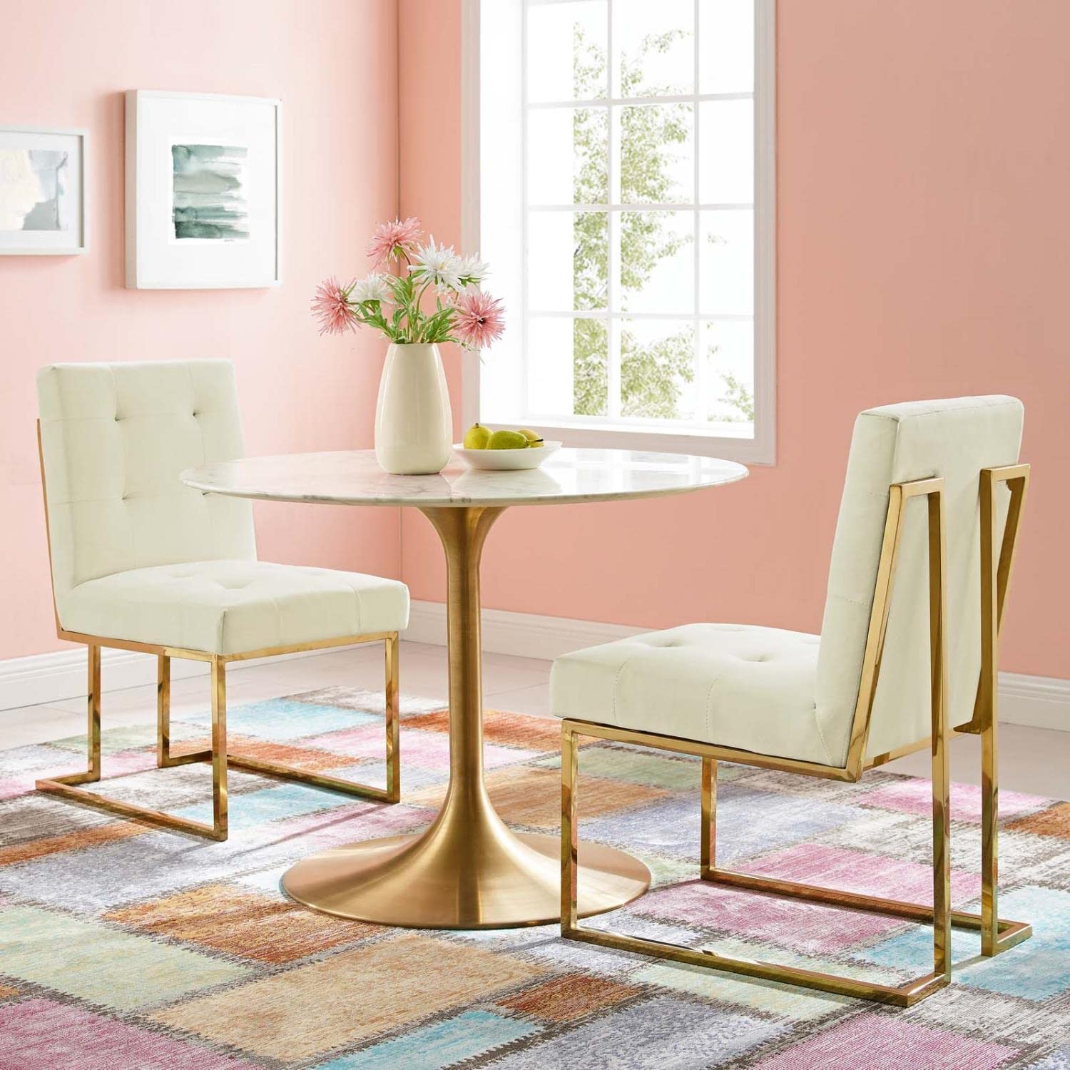 Modway Privy Stainless Steel Performance Velvet Dining Chair Set Of 2, Gold Ivory