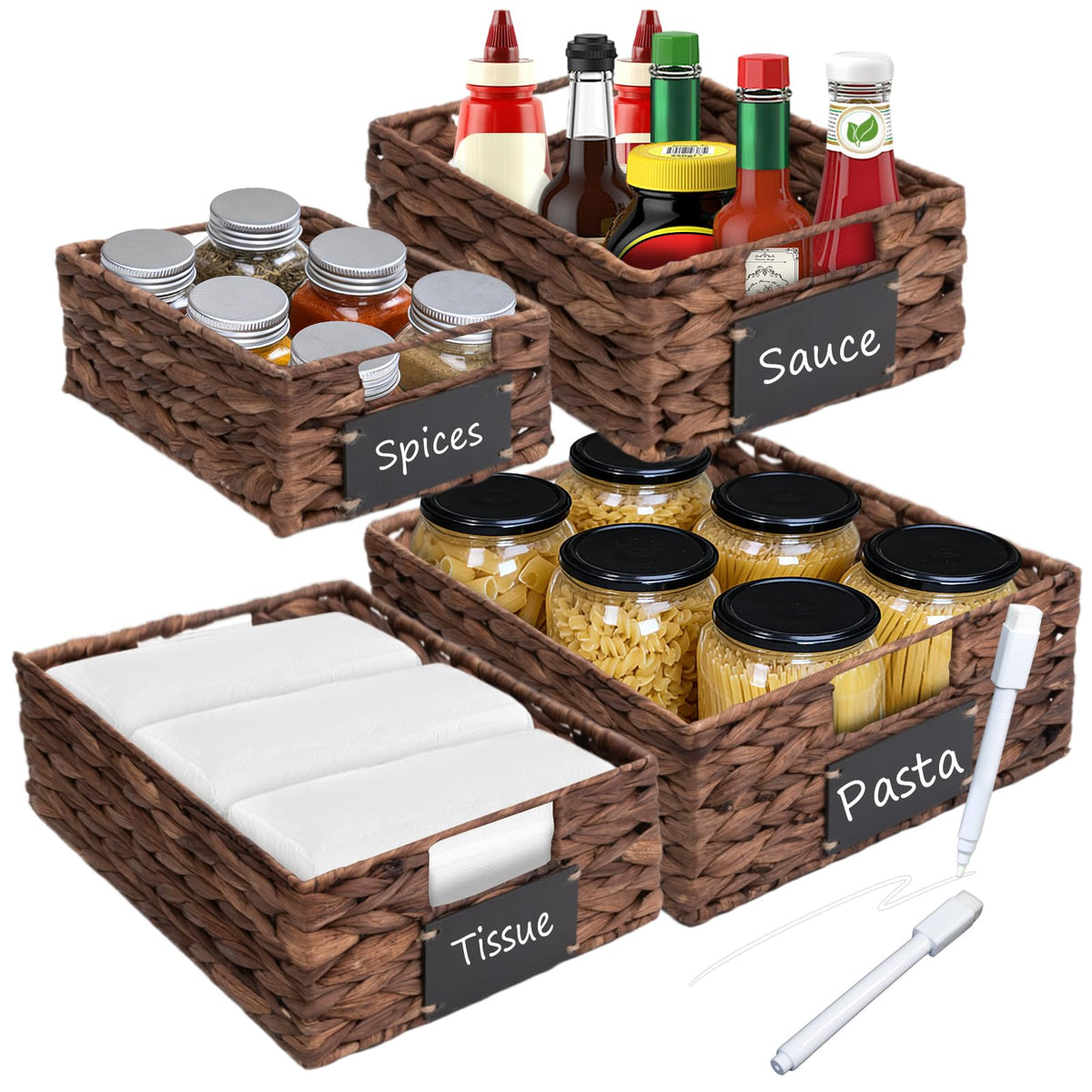 Set of 4 Sizes HandWoven Pantry Shelf Baskets, Hyacinth Storage Baskets with Chalkboard Labels & 2 Chalk Markers, Wicker Nestab