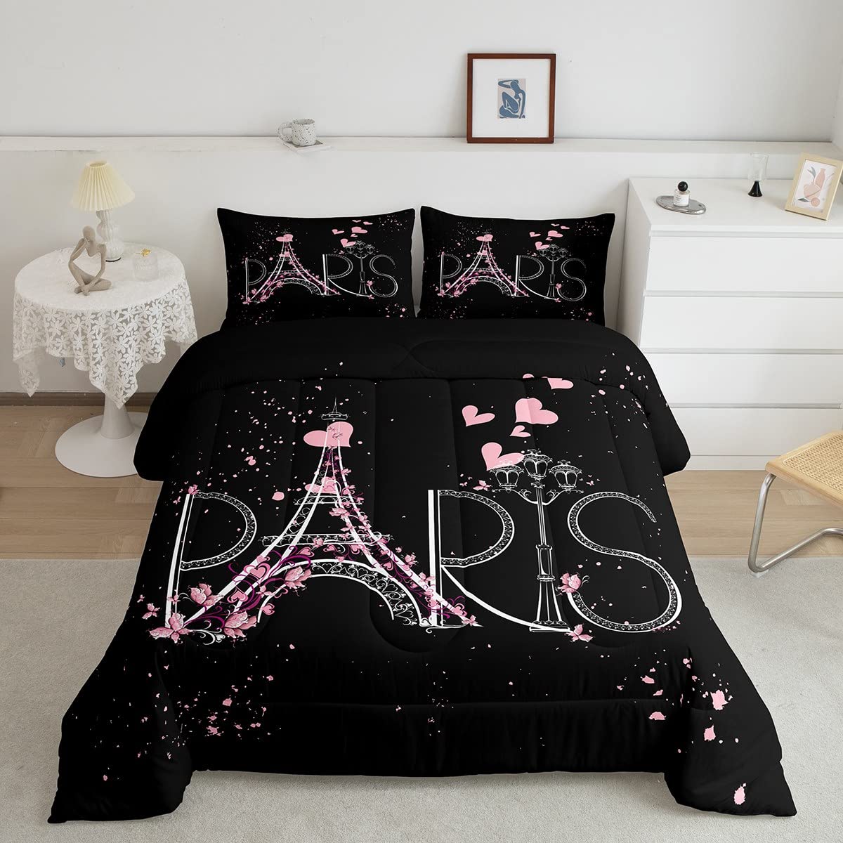 Eiffel Tower Comforter Set Chic Paris Bedding Set Romantic Theme Comforter For Boys Girls Children Teens Black Pink Bedroom Deco