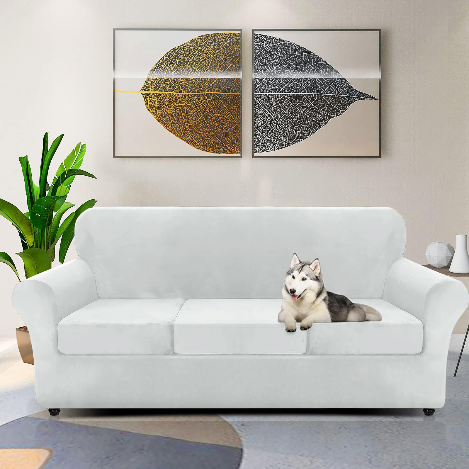 Znsayotx Luxury Velvet Couch Cover 4 Piece Stretch Oversized Sofa Covers For 3 Cushion Couch Thick Soft Large Sofa Slipcover Anti Slip Dogs Pet Furniture Protector (Silver Grey), 91'-110'(3 Cushions)