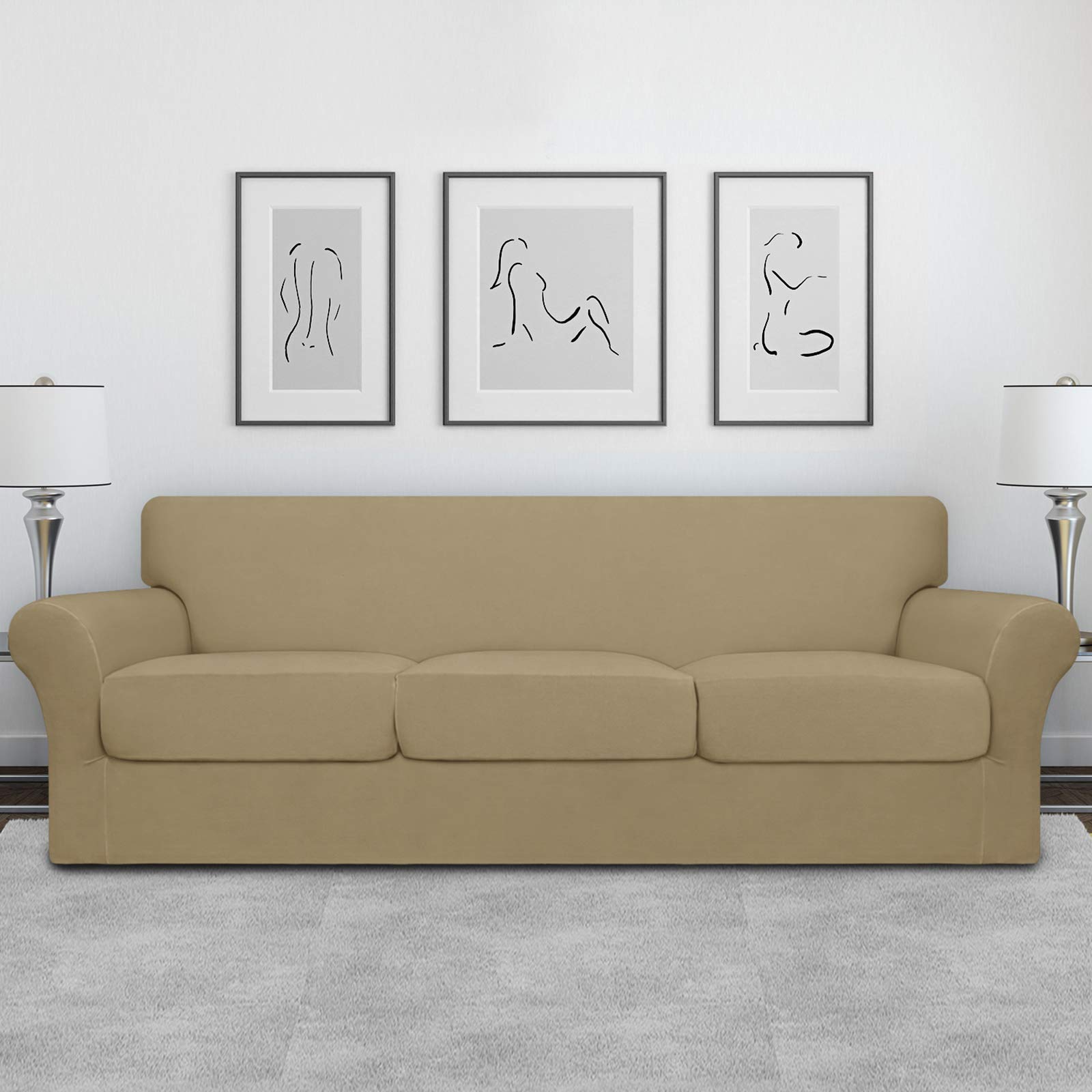 Easy-Going 4 Pieces Oversized Stretch Soft Couch Cover For Dogs - Washable Sofa Slipcover For 3 Separate Cushion Couch - Elastic Furniture Protector For Pets, Kids Tan