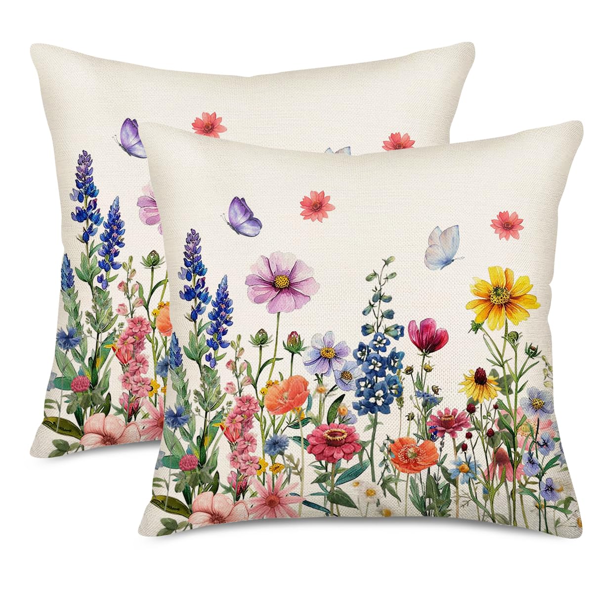 Fukeen Spring Flower Pillow Covers 18X18 Inch Set Of 2 Colorful Herbs Plant Leaf Floral Daisy Butterfly Throw Pillow Covers Spri
