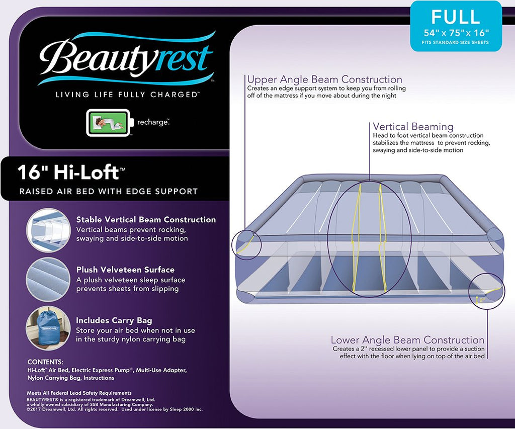Beautyrest Hi-Loft Inflatable Mattress: Raised-Profile Air Bed with External Pump, Full Blue