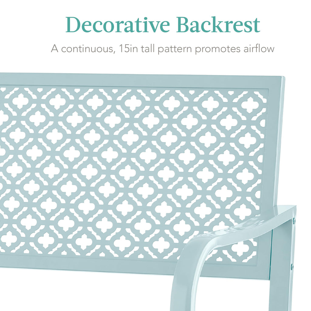 Best Choice Products Outdoor Bench 2-Person Metal Steel Benches Furniture For Garden, Patio, Porch, Entryway W/Geometric Backrest, 790Lb Capacity - Sky Blue
