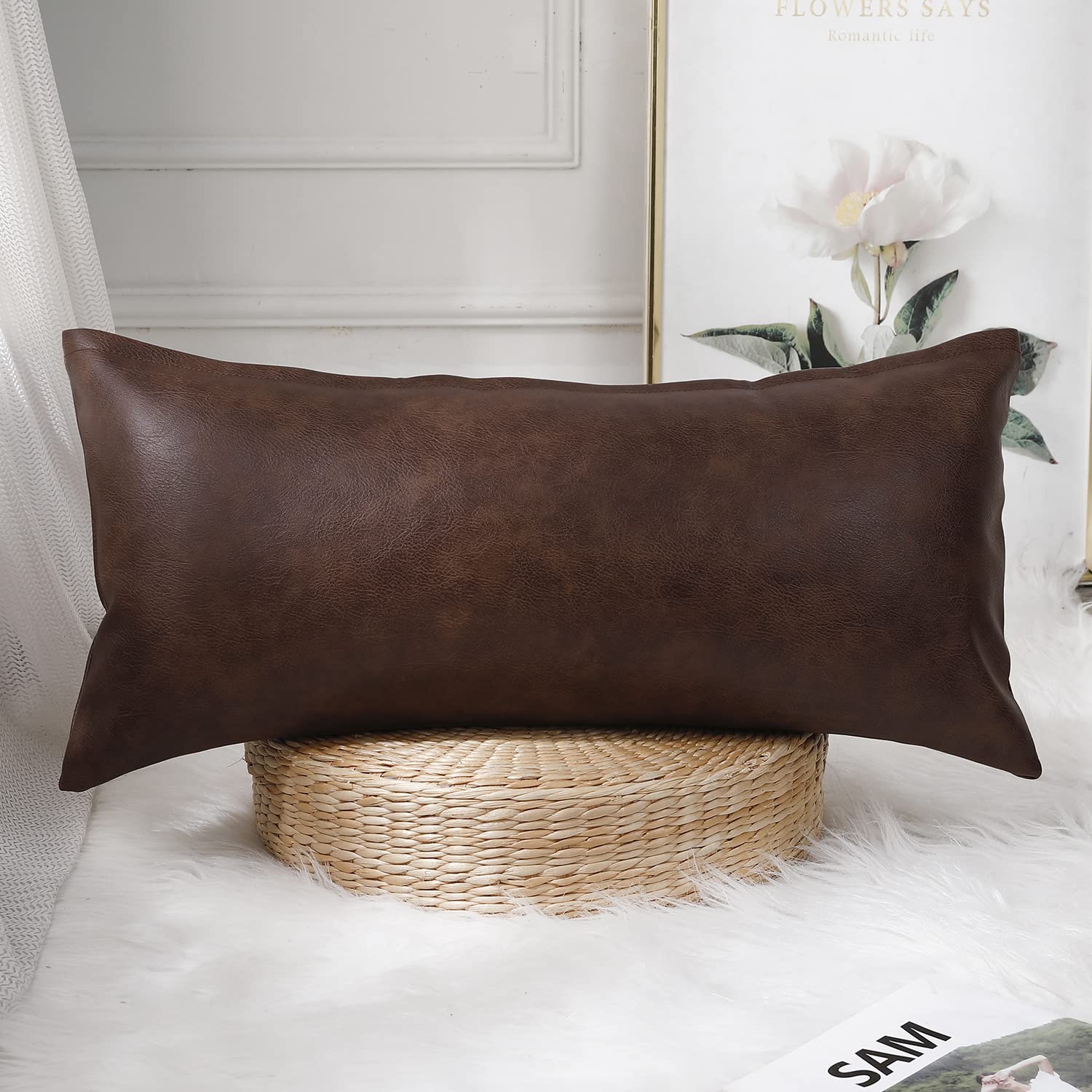 Panod Decorative Lumbar Throw Pillow Covers 12 X 24,Premium Faux Leather Long Pillow Covers Cushion Case For Farmhouse Sofa Couc